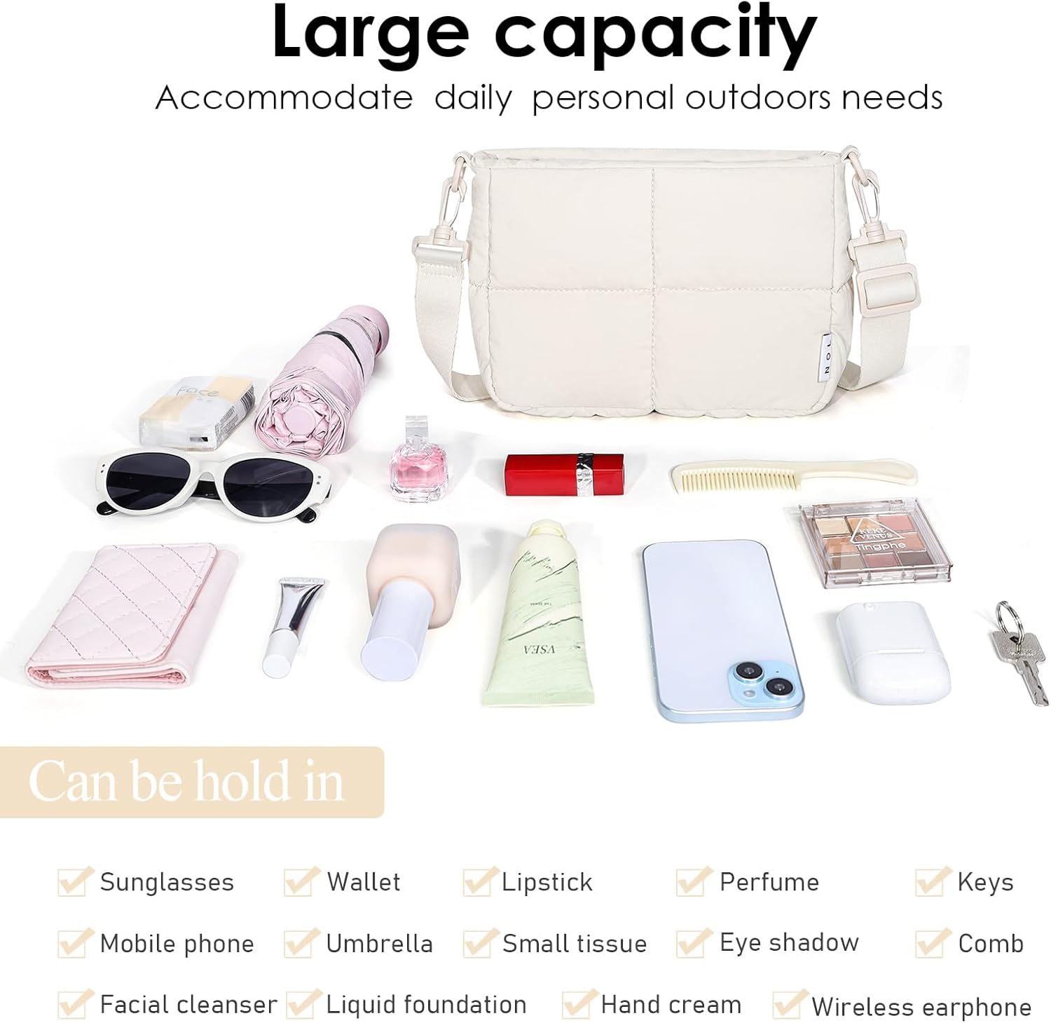 NOL Trendy Lightweight Small Quilted Puffy Crossbody Bag for Women, Waterproof, Removable Strap for Travel, Work & Shopping - Image 4