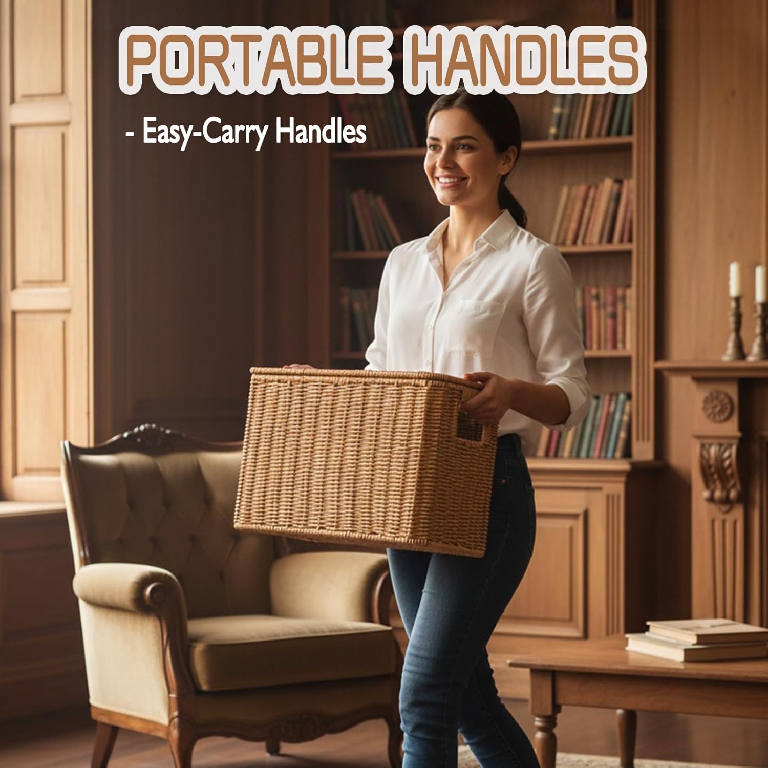 Toilet Paper Storage Basket with Lid and Handle, Slim Bathroom Organizer, Decorative Poly Rattan Wicker Storage Bin for Bathroom Towels, Toilet Paper, Laundry, Magazines