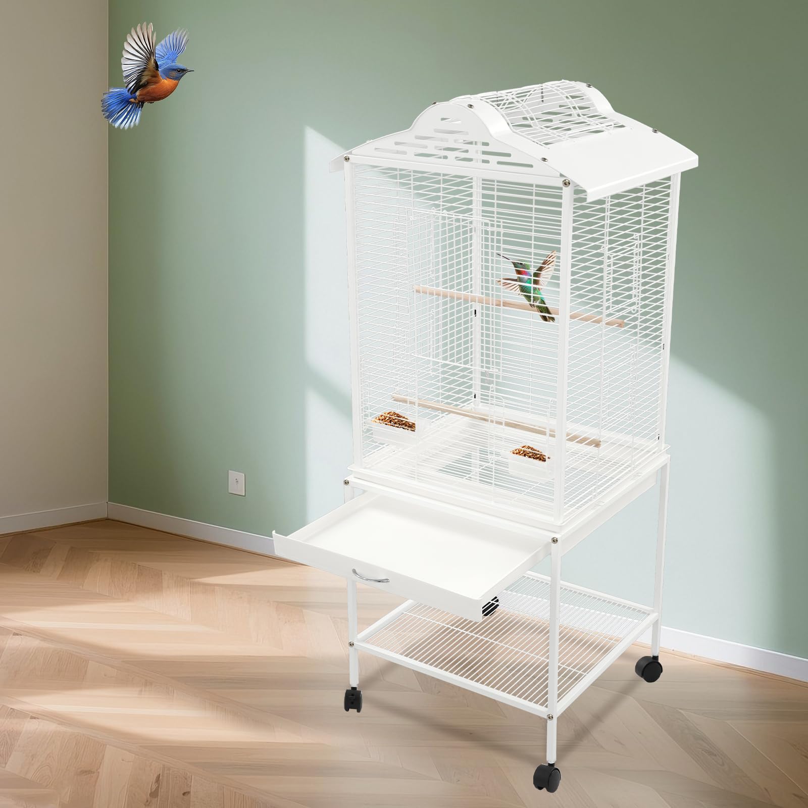 Vogelkäfig Wellensittich Groß mit Rollen 122 cm, Voliere für Sittiche & Papageien, Freisitz Dachöffnung, Herausziehbare Schublade, Futternäpfe, Vogelvoliere Innenraum mit Ablagefach, 48 × 46 × 122 cm