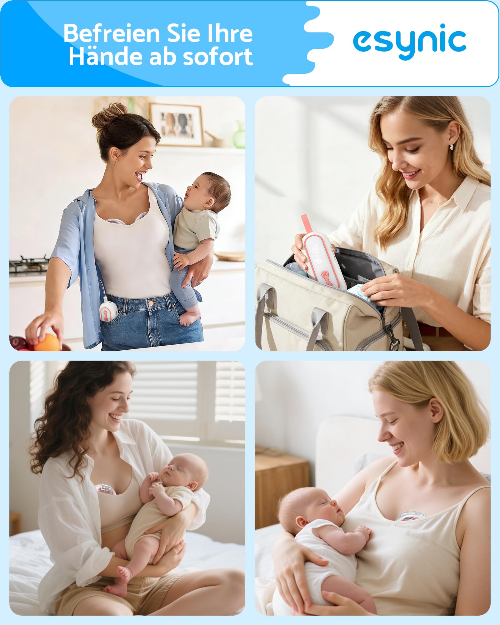 eSynic Tragbare Milchpumpe Elektrische Handsfree Brustpumpe mit Akku und leiser Funktion Doppelseitige Breast Pump mit 4 Modi und 15 Stufen Einfach zu Reinigen 210ml Kapazität Abpumpen für Mütter Rosa