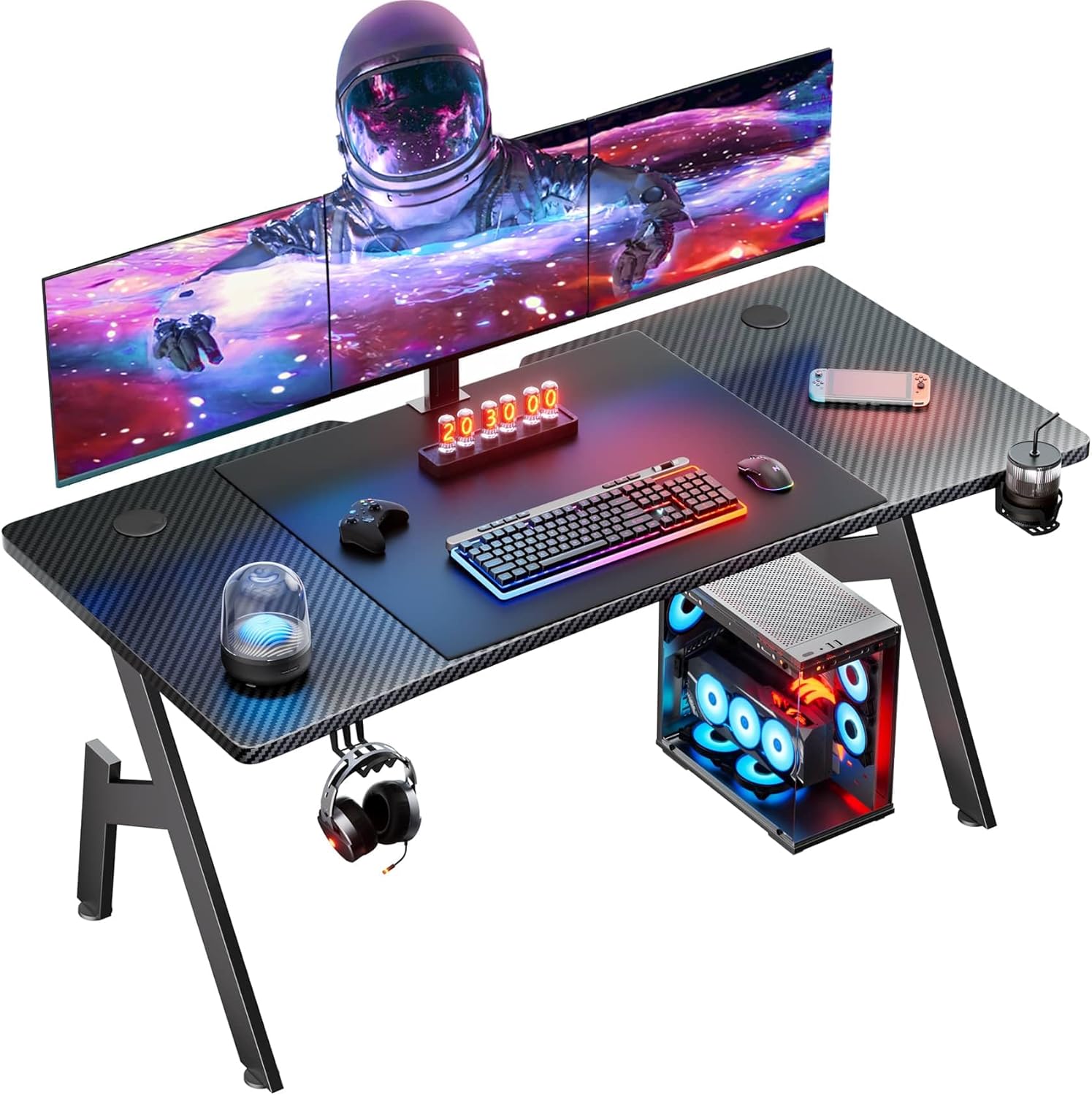 DLONGONE Large Gaming Desk 140 x 60cm, Computer Gaming Desk, Gaming PC Desk for Home Office, A Shaped Gaming Table with Cup Holder and Headphone Hook, Simple Assembly, Black