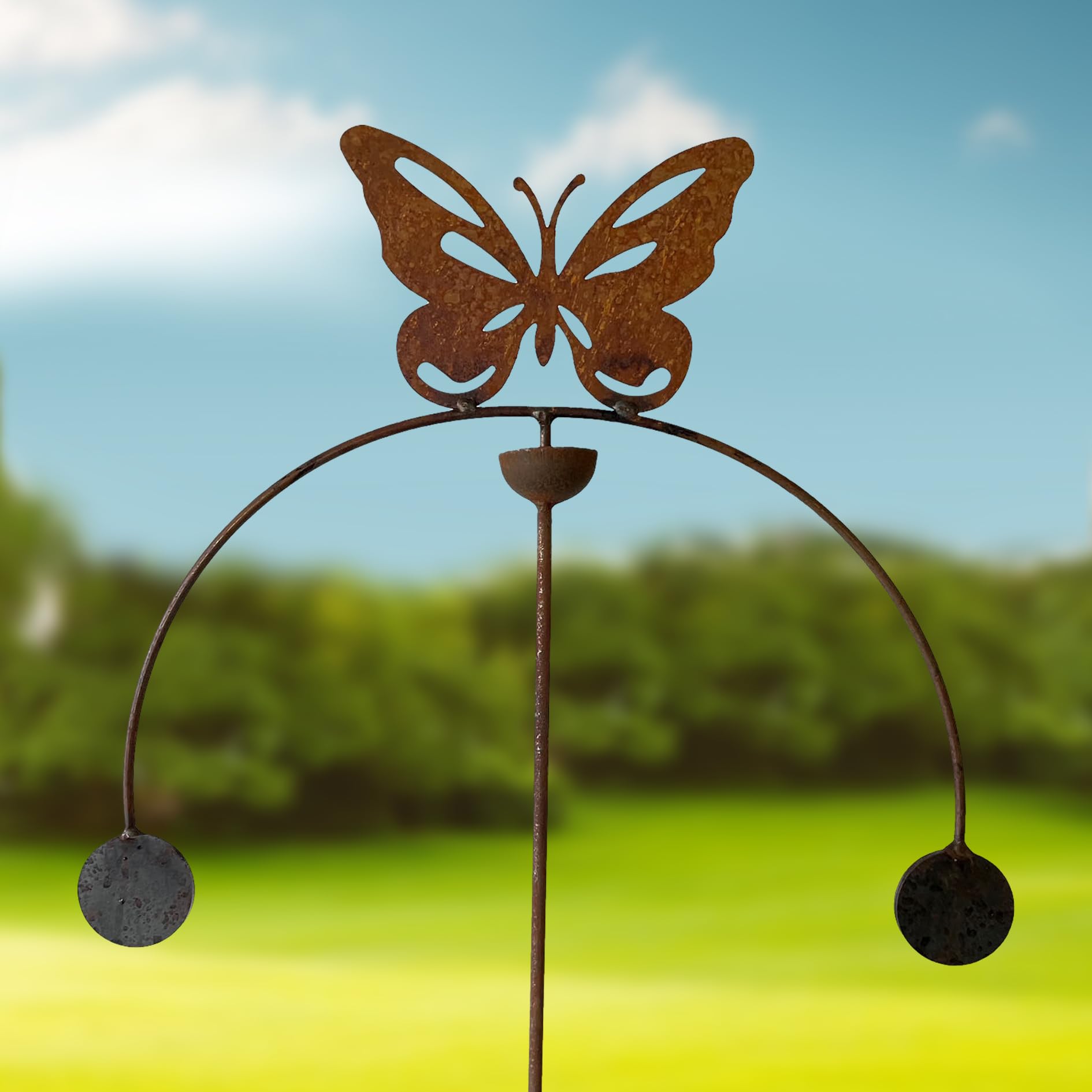 GAP GARDEN PRODUCTS - Solid Metal Rustic finish Garden Wind Spinner/Rocker with a Butterfly design. Double rocker (Bare metal and will rust natuarally)