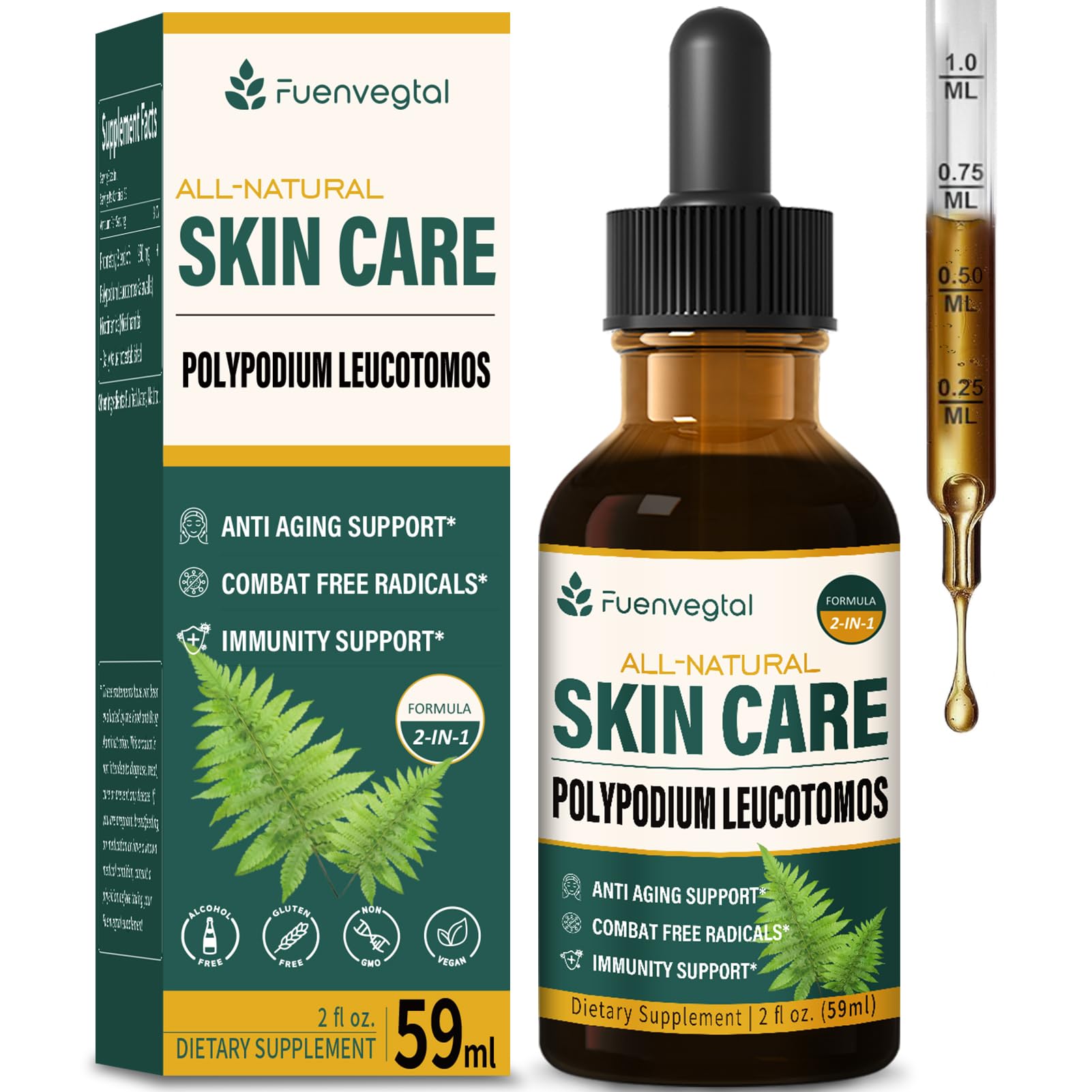 Fuenvegtal Polypodium Leucotomos Extract Skin Care Drops with Nicotinamide - Liquid Supplement Supports Anti-Aging, Combats Free Radicals, and