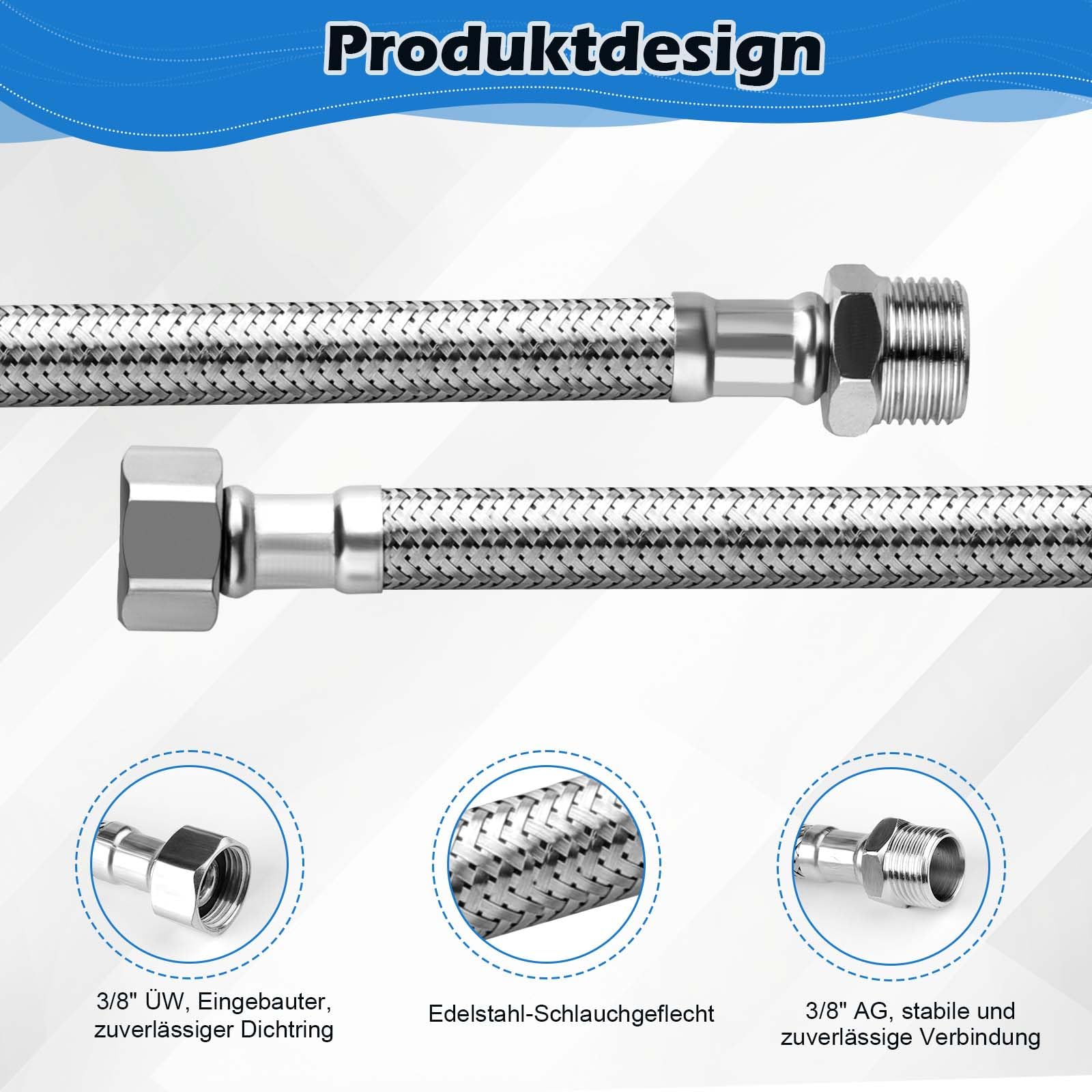 Produktbild von 4x 304 Edelstahl Flexschlauch 3/8″ – 2x 10 Cm, 2x 20 Cm – Innengewinde & Außengewinde – Für Wasserhahn, Eckventil, Boiler