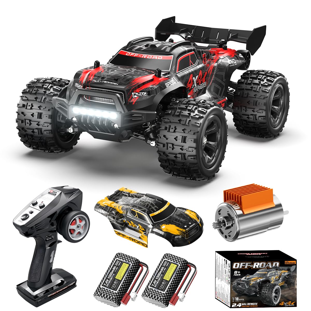 Macchina telecomandata professionale 1:18 4x4 tutto terreno, auto RC ad alta velocità 36 km/h con doppia batteria 1500 mAh e doppia carrozzeria, Monster Truck per adulti e ragazzi