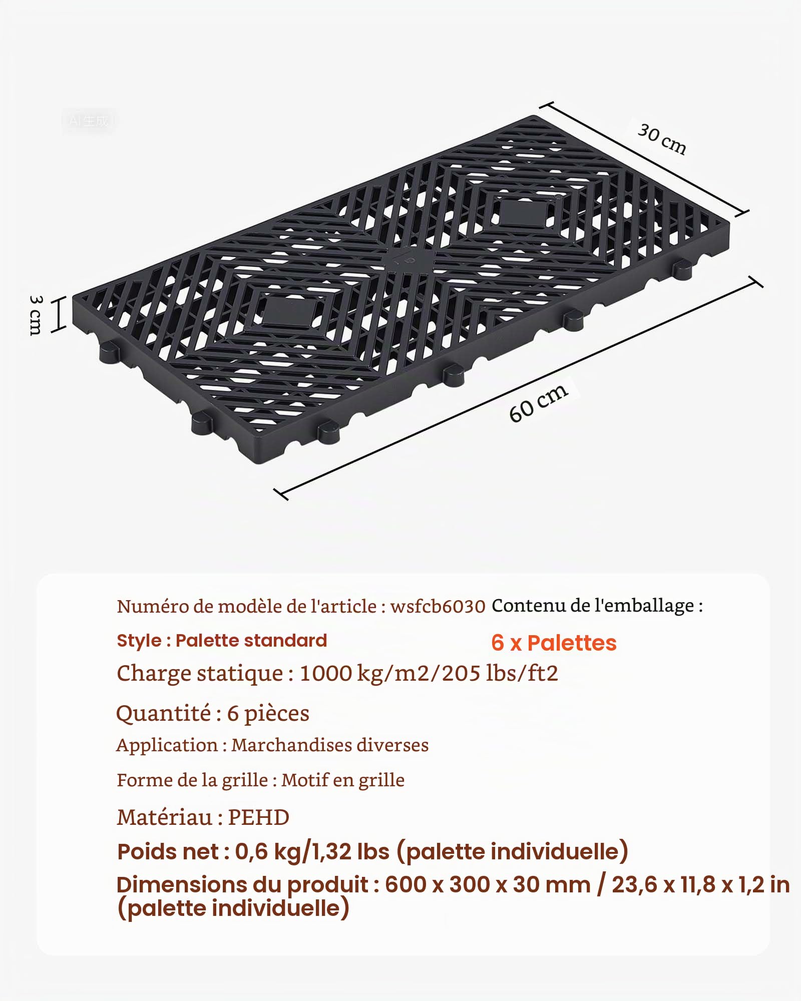 VEVOR Palettes en Plastique Emboîtables Lot de 6, Palettes de Sol Empilables avec Grille Respirante, Résistantes à l'Humidité, Charge Max. 1000 kg/m², pour Sous-Sol et Entrepôt, 600x300x30 mm, Noir