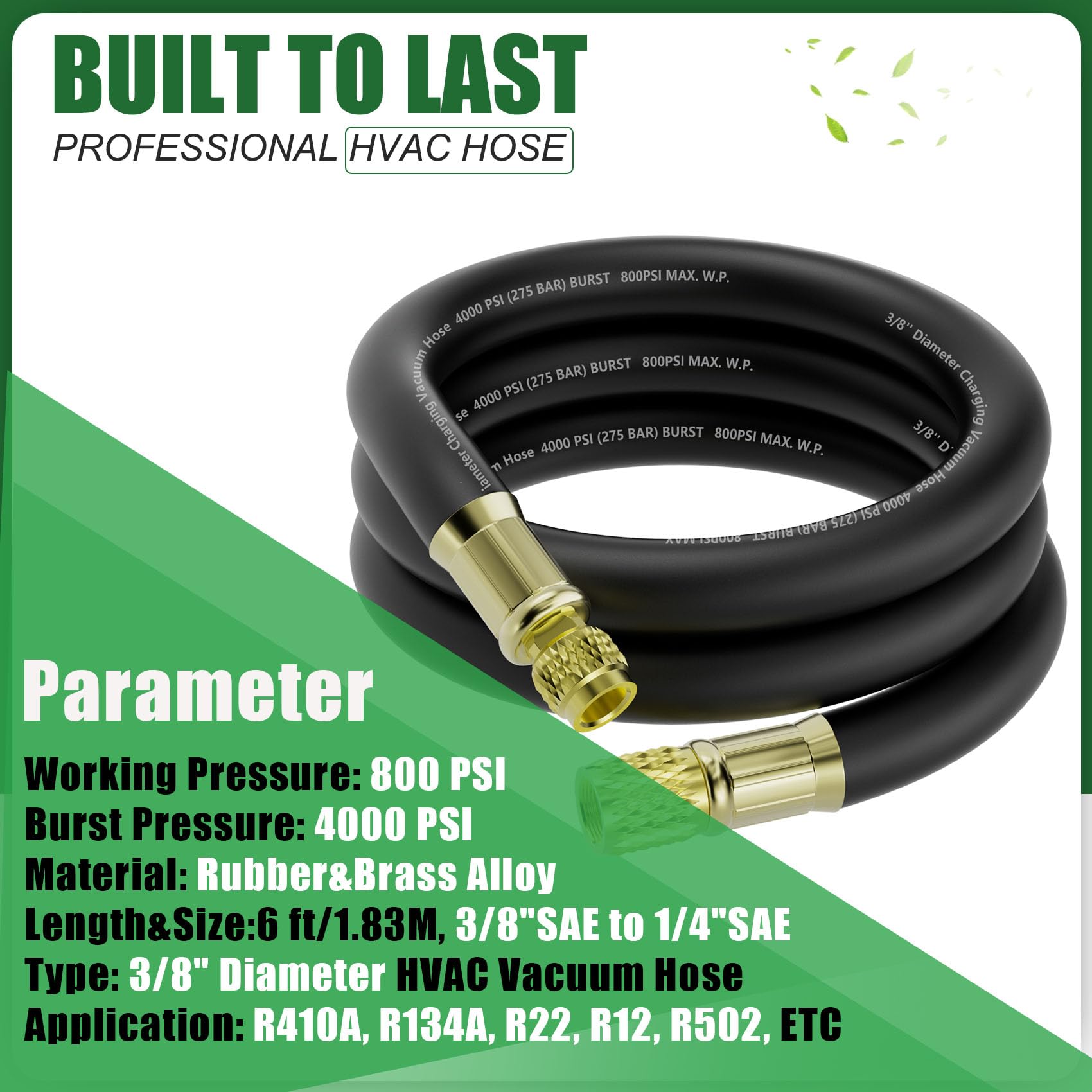 Manguera de vacío HVAC de 3/8 pulgadas (6 pies), accesorios SAE de 3/8 a 1/4 pulgadas, funcionamiento de 800 psi/presión de ráfaga de 4000 psi, manguera de alto flujo certificada por vacío compatible