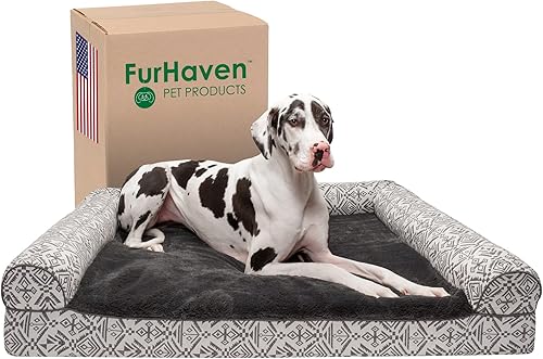 Furhaven - Cama de gel refrescante para perros, de felpa y decoración kilim del suroeste estilo sofá con funda extraíble y lavable, color marrón