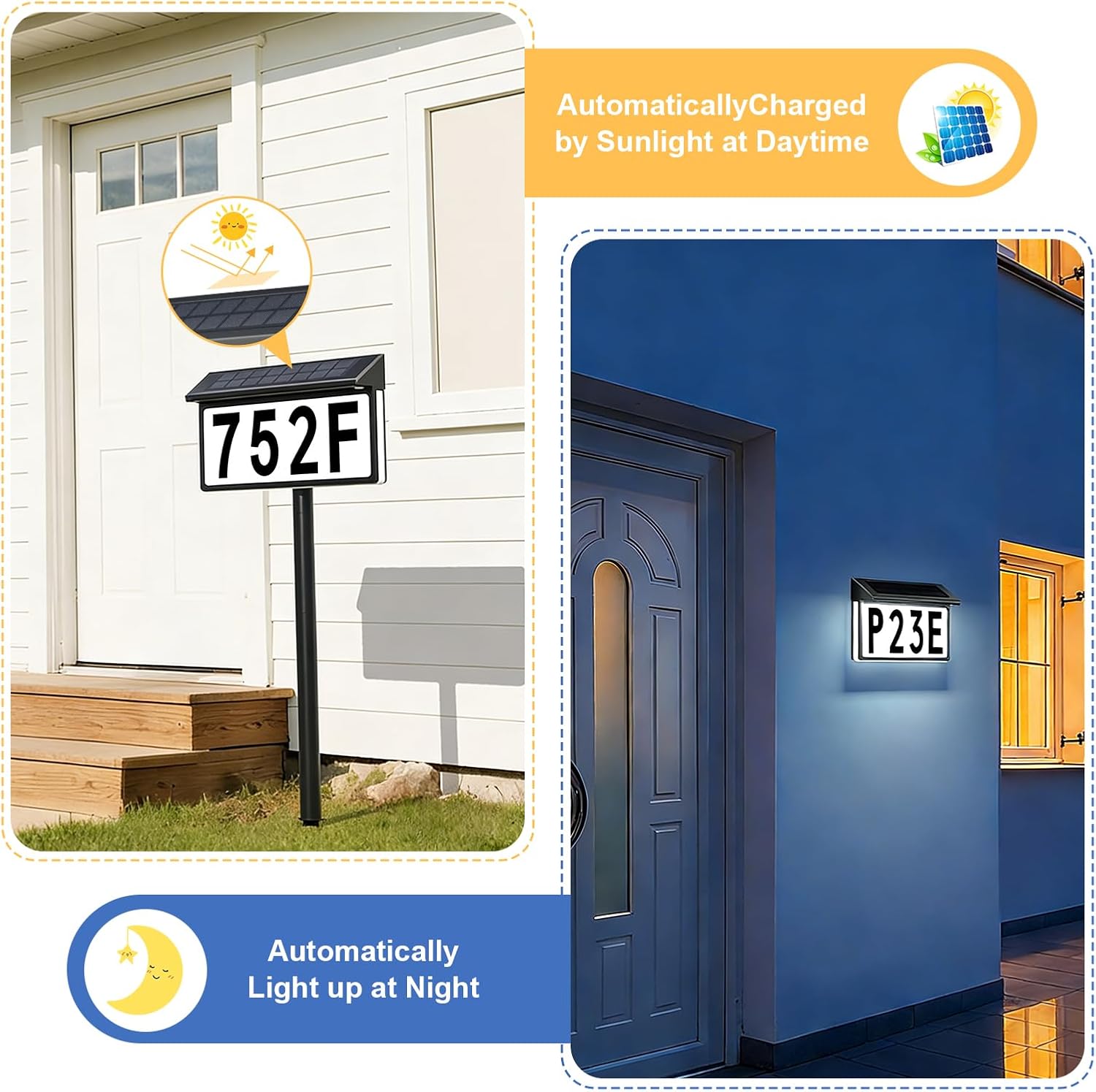 Solar Address Sign, Light Up House Numbers for Outside, 3-Color Illuminated LED Lighted Address Number with Stakes, Wall Mounted/In Ground Solar Powered Address Plaque for Yard Garden Home