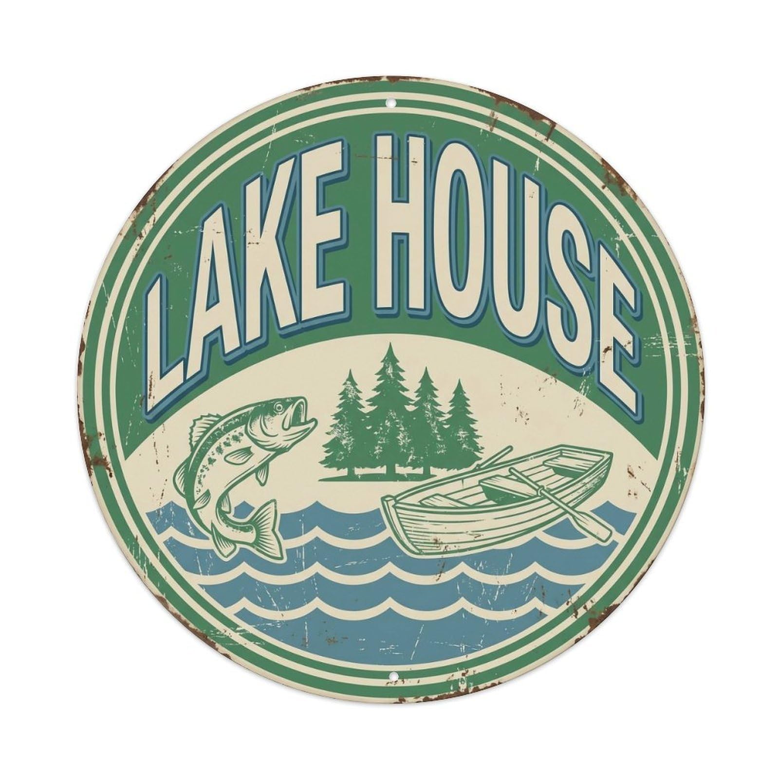 Lake House Fishing Quote Outdoor Angler Vintage Type Metal Tin Sign Plaque Wall Decor for Cafe, Man Cave, Club Bar, Office, Home Garden Round Metal Poster 8x8Inch