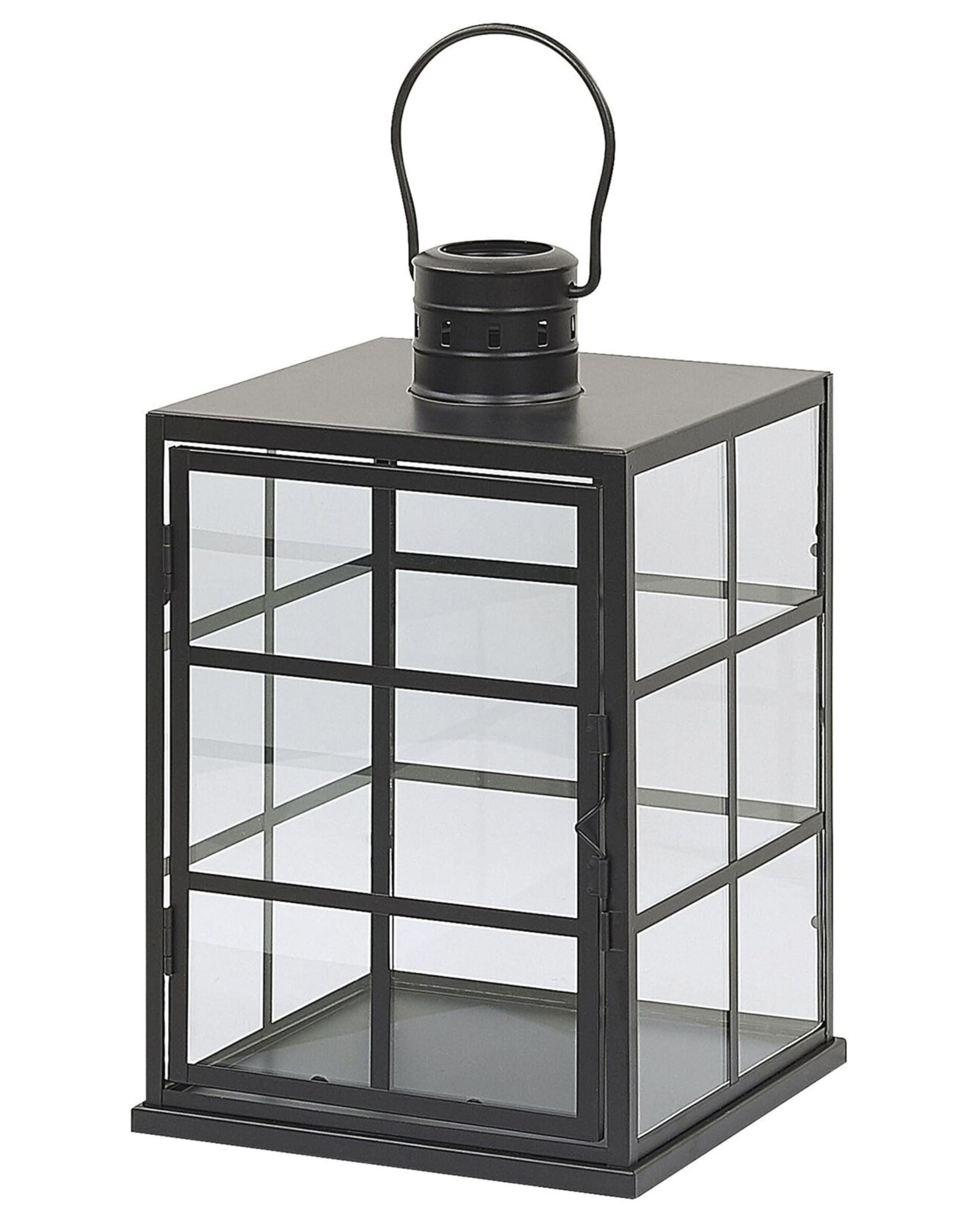 Linterna metálica Negra de decoración escandinava y Altura 27 cm con portavelas de Cristal Bintan