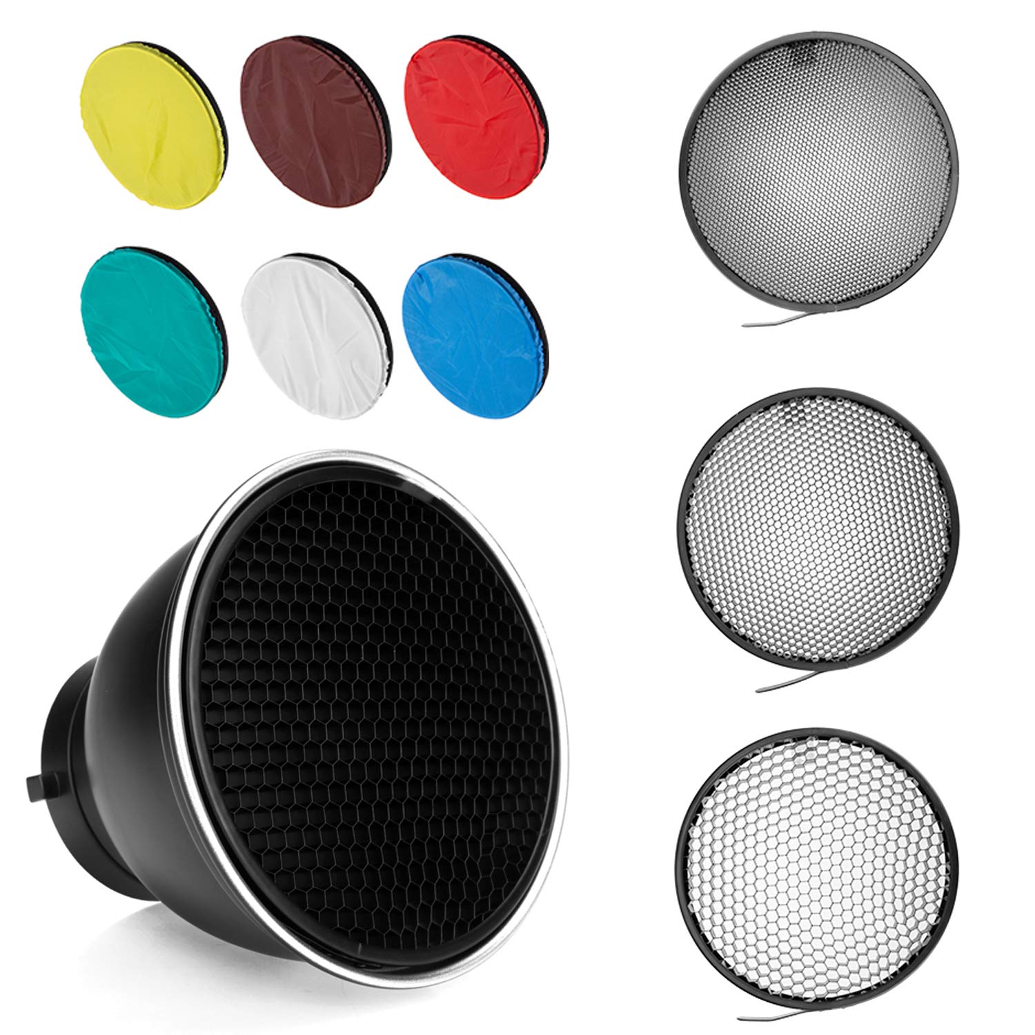 Bowens Mount - Diffusore a riflettore standard da 7 pollici, con griglia a nido d'ape, con panno morbido in 6 colori, per Bowens Mount Lamp (standard riflettente + 20° / 40° / 60°)