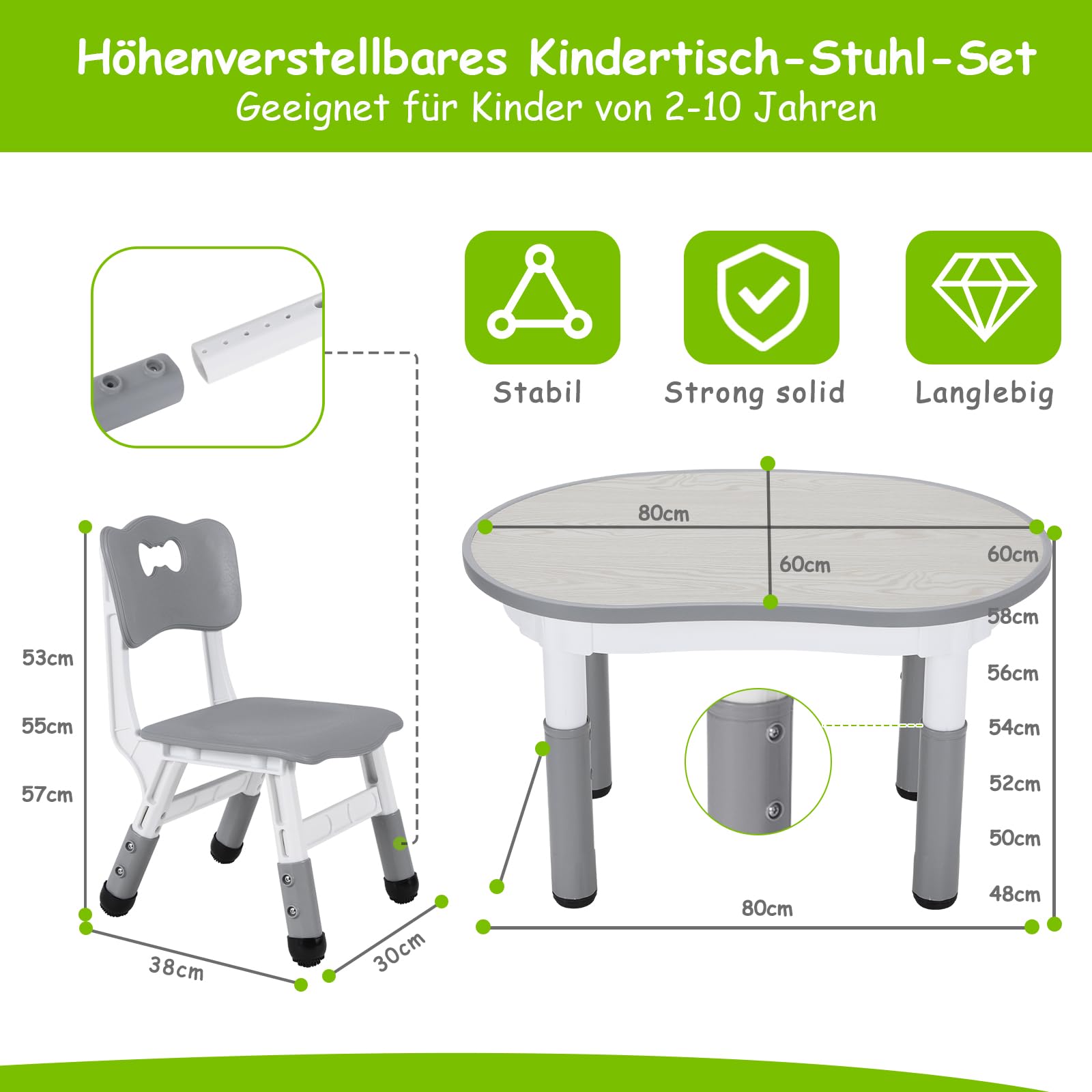 Kindertisch mit 2PCS Stühlen, Packung mit 2 Stühlen, Kindersitzgruppe Höhenverstellbar,Plastik Kinder Tisch Stuhl Set, Erdnussform, Maltisch,Kinder Schreibtisch für Kindertagesstätte/Kindergarten,Grau