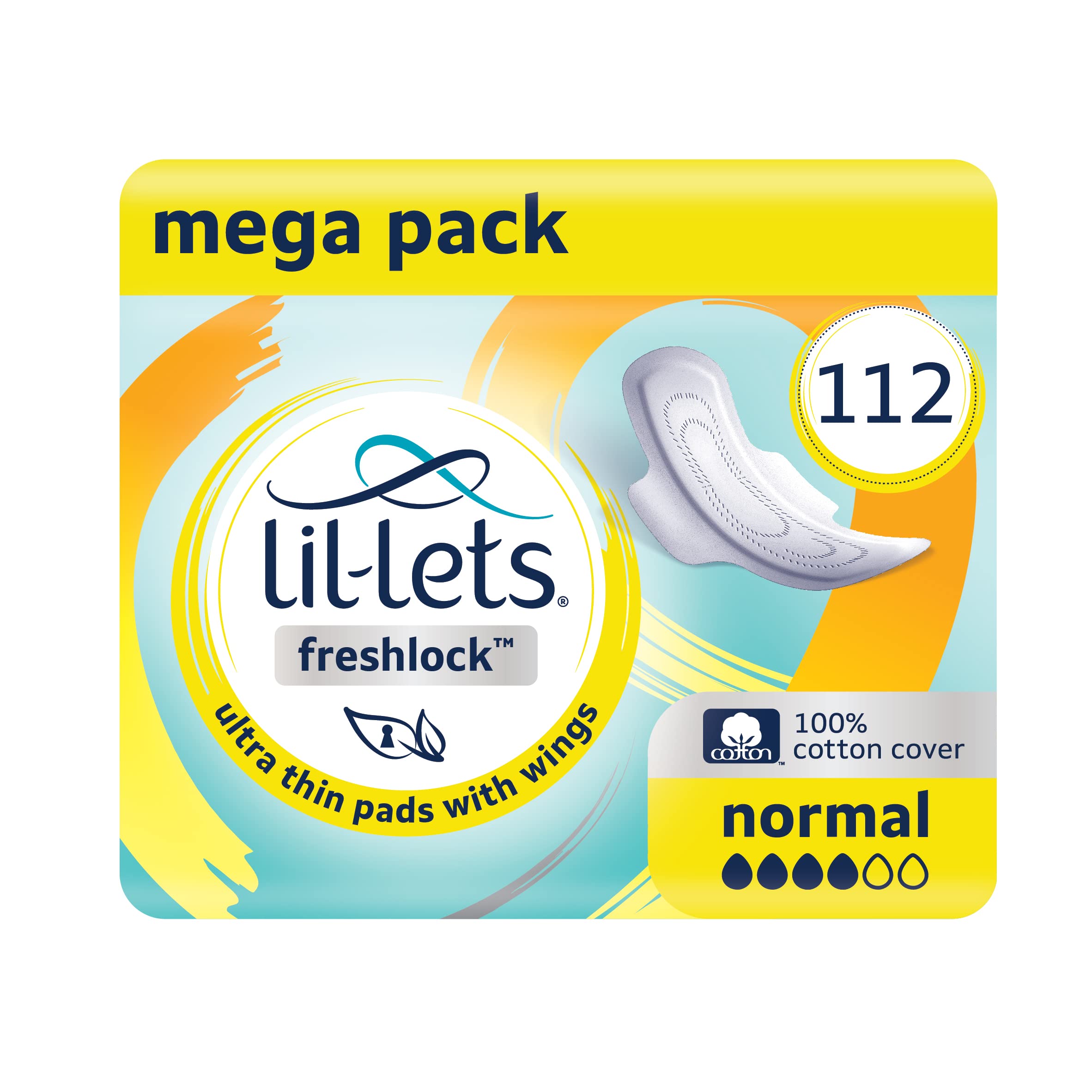 Lil-Lets Freshlock™ Ultra Thin Period Pads - 112 Count, Normal Absorbency, with Wings, 8 Packs of 14 Pads - Bulk Pack, Unscented, 100% Cotton Cover, Regular Absorbency Sanitary Towels