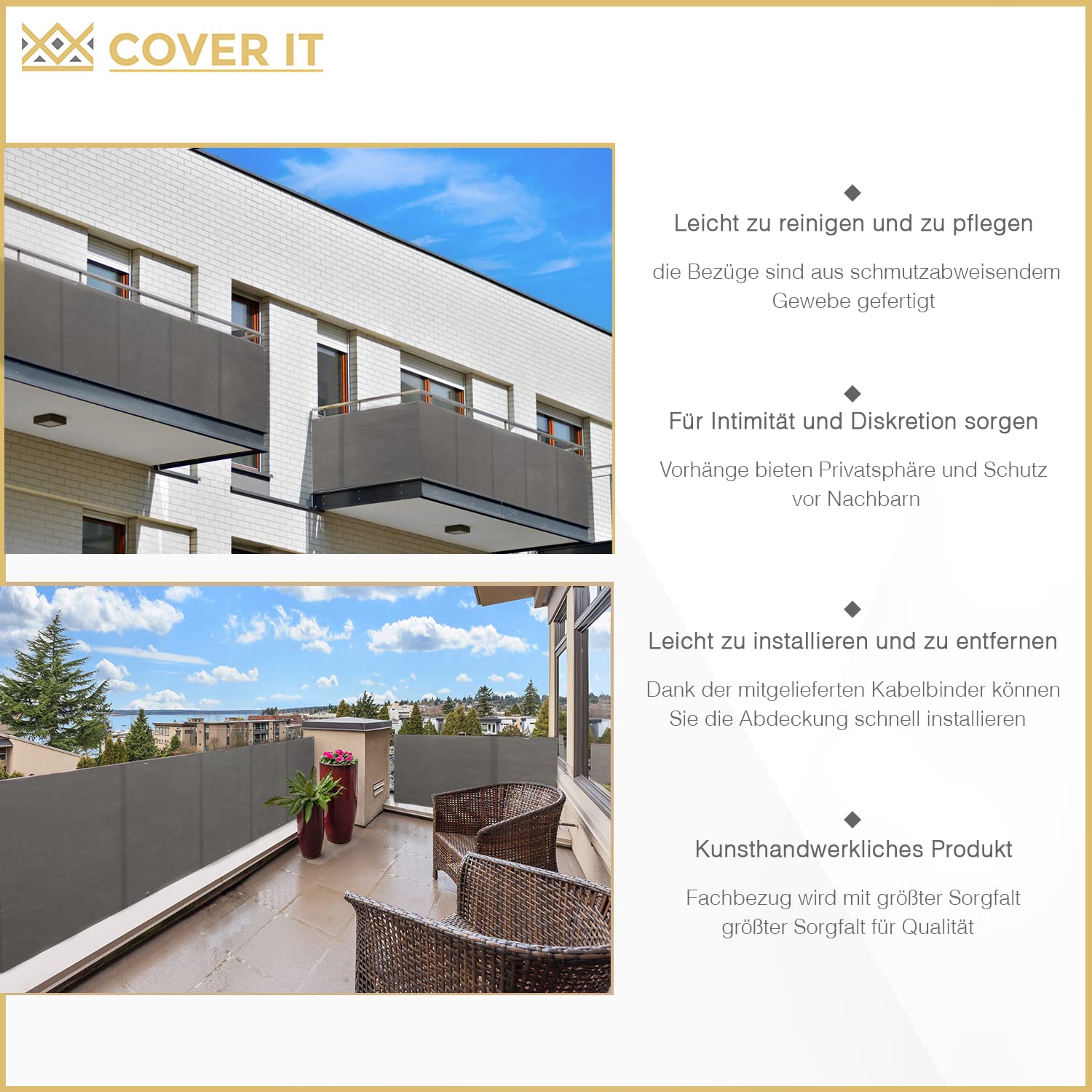 COVER IT Graphite Privacy Screen Balcony Railing with Eyelets 95 x 600 cm - Privacy Screen for Garden Fence - Balcony Railing Cover - 5
