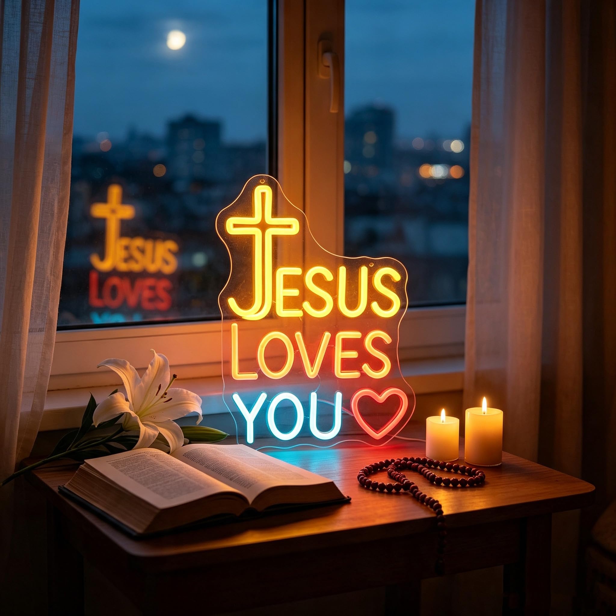 Insegna al Neon a Lettere LED Regolabile Scritta JESUS Alimentazione USB | Luce Regolabile per Stanze e Chiese - Decorazione Cristiana per Camera da Letto e Soggiorno, Illuminazione Ispirata alla Fede