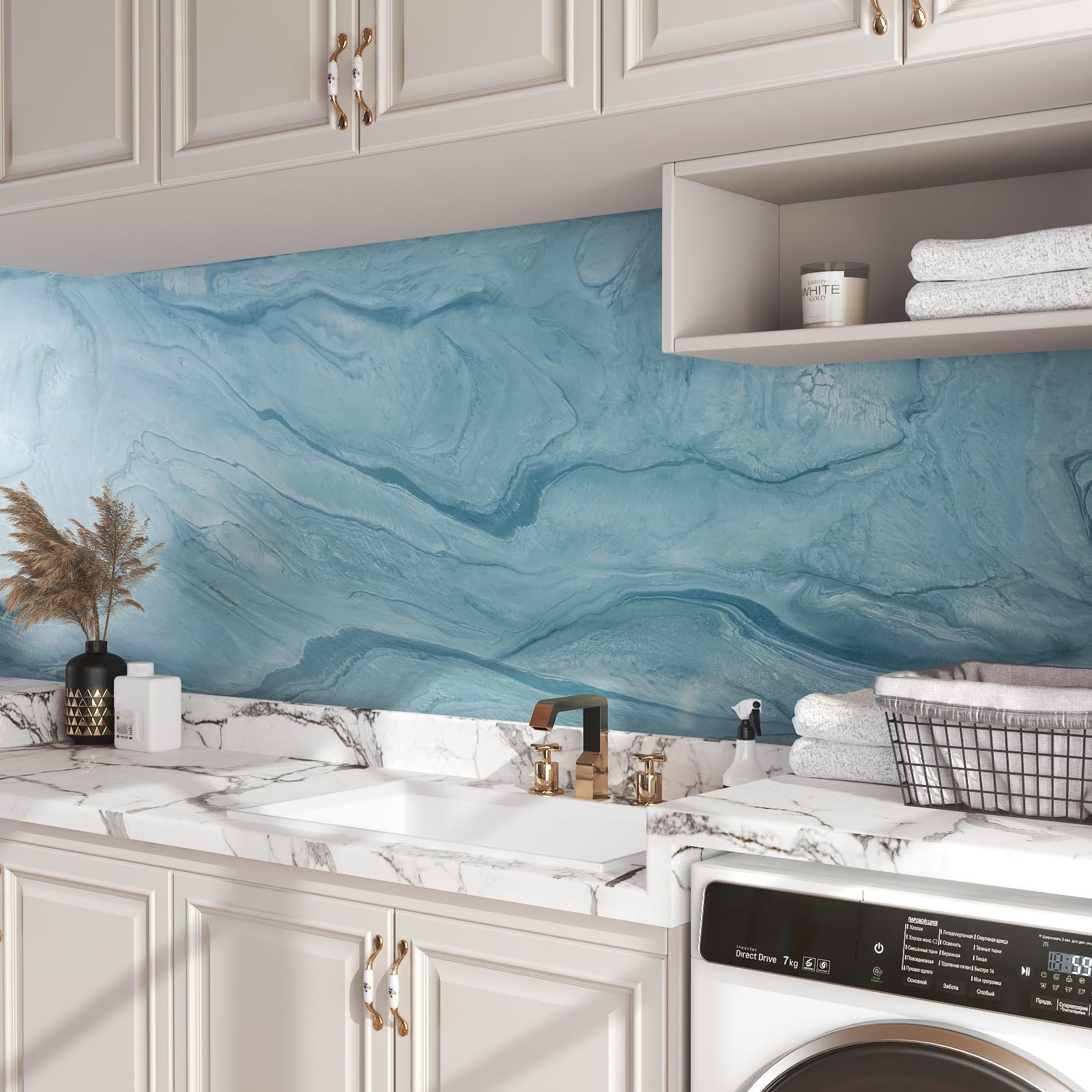 LaCheery Azul Vinilo Adhesivo Muebles Marmol Mate Papel Autoadhesivo Encimera Cocina 90cm x 400cm Papel Adhesivo para Muebles Marmol Azul Lavable Vinilos Adhesivos Decoración para Armario Mesa Puerta