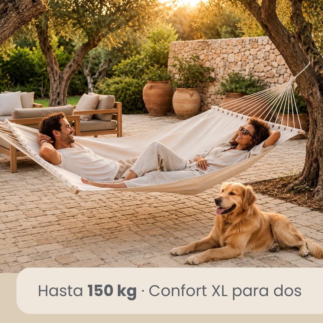 AMANKA XXL Hamaca con Barra Separadora 200x120 cm Beige - Colgante Doble 2 Personas 150kg - Algodón Resistente Exterior & Interior - Balcón Jardín Terraza Campings - 100% Puro Transpirable Natural