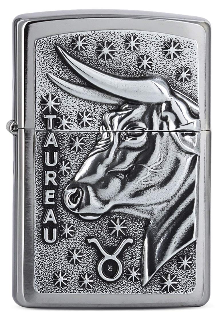 Zippo Windproof Lighter, Zodiac Taurus Design – Brushed Chrome, Emblem – Refillable, Reusable, Windproof Design – Comes in Gift Box – Made in USA