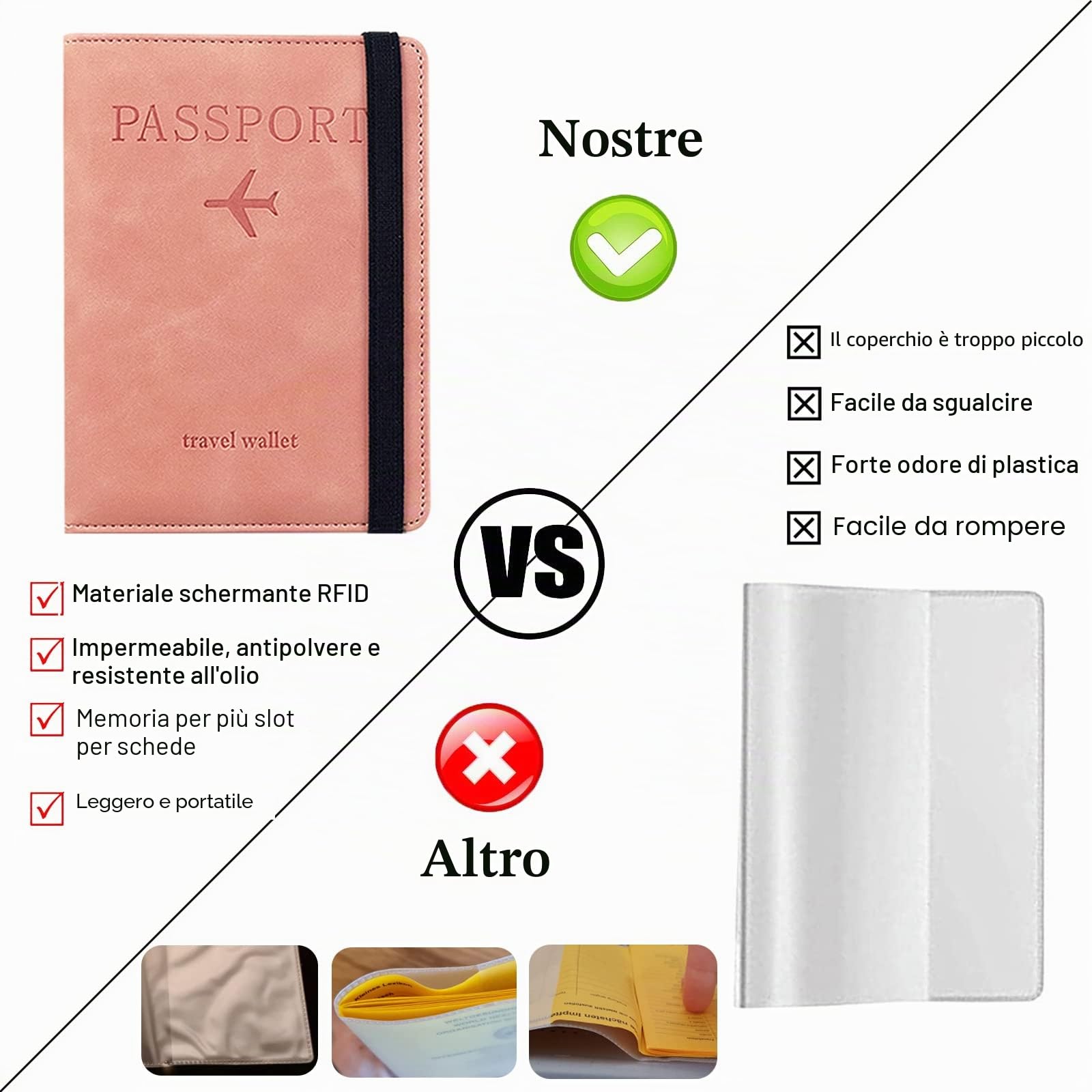 Toctax Custodia per Passaporto con Etichetta per Bagaglio, Custodia per Passaporto con Blocco RFID, Custodia Protettiva per Carte di Credito, Porta Carte, D'identità e Documenti di Viaggio（Rosa）