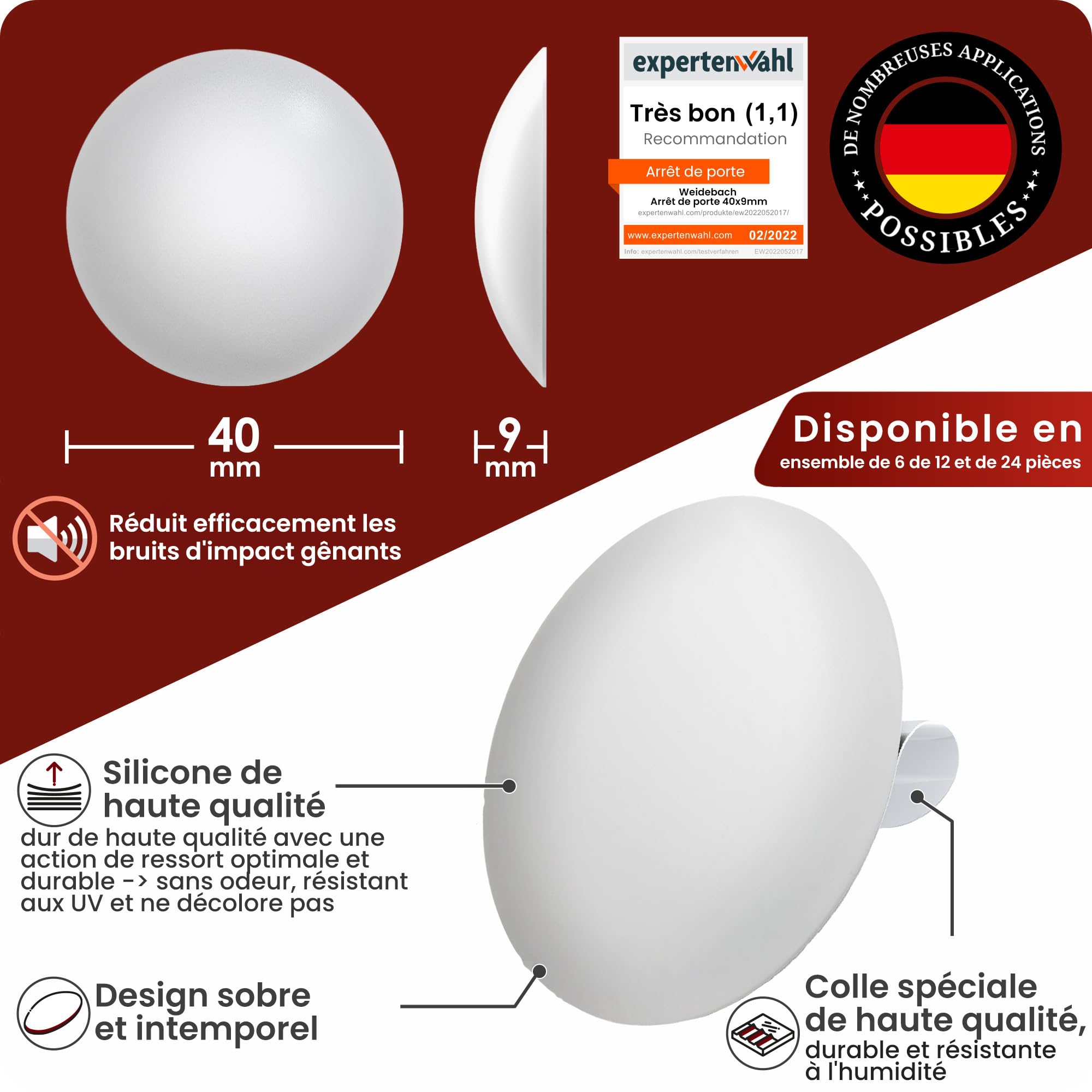 TRAHOO-6x Butée De Porte Murale Blanche, Butee De Porte Blanche, 40 X 8 Mm Tampon Porte, Butee