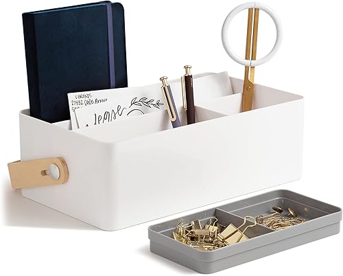 Miniatura 5 de U Brands Mod Caddy Organizador de escritorio, suministros de oficina, blanco, con bandeja extraíble, mango de álamo, 12.36 x 6.93 x 3.93 pulgadas