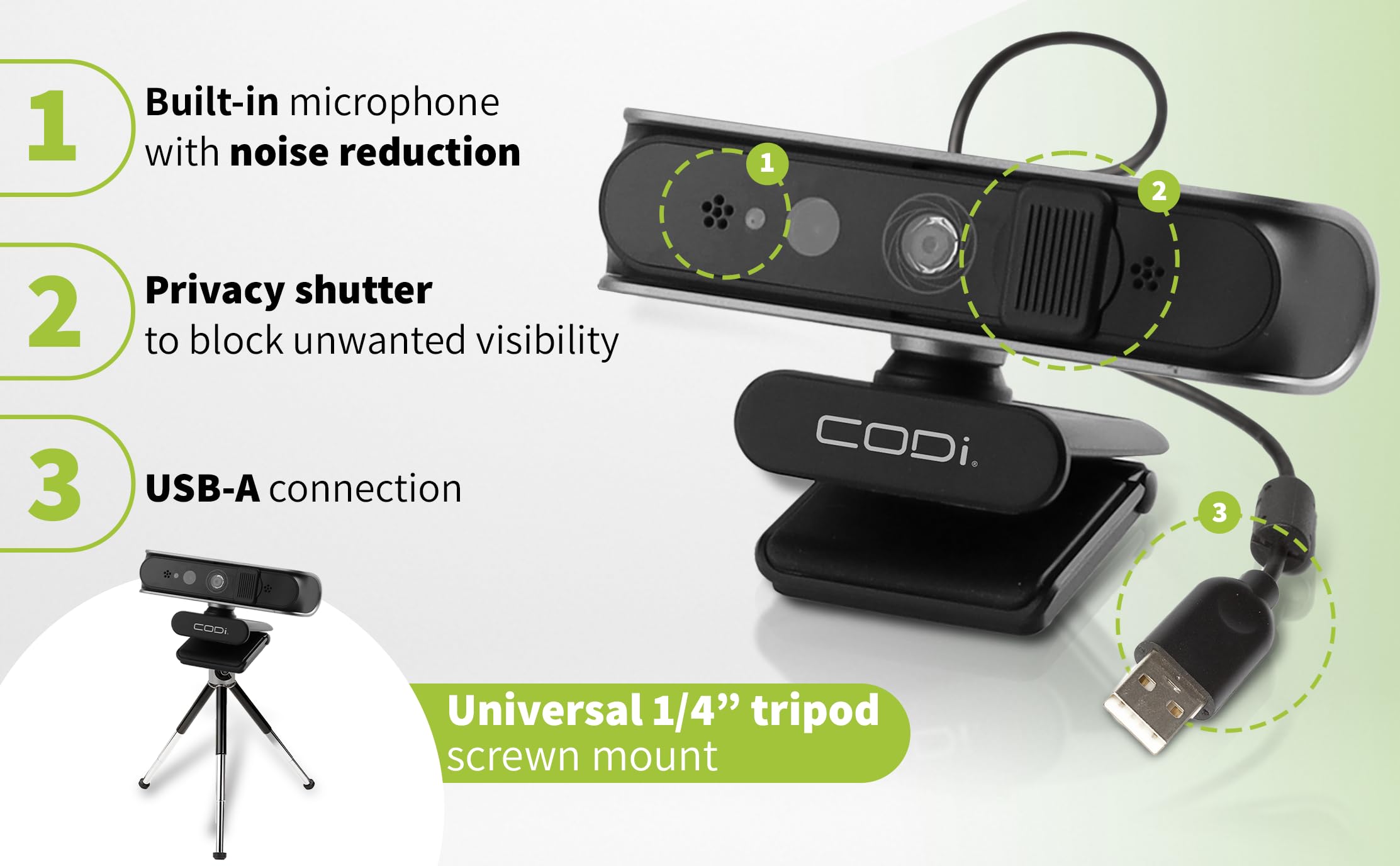CODi Allocco HD 1080P Windows Hello - Cámara web con reconocimiento facial IR y micrófono con cancelación de ruido, enfoque automático, USB-A, montaje en trípode