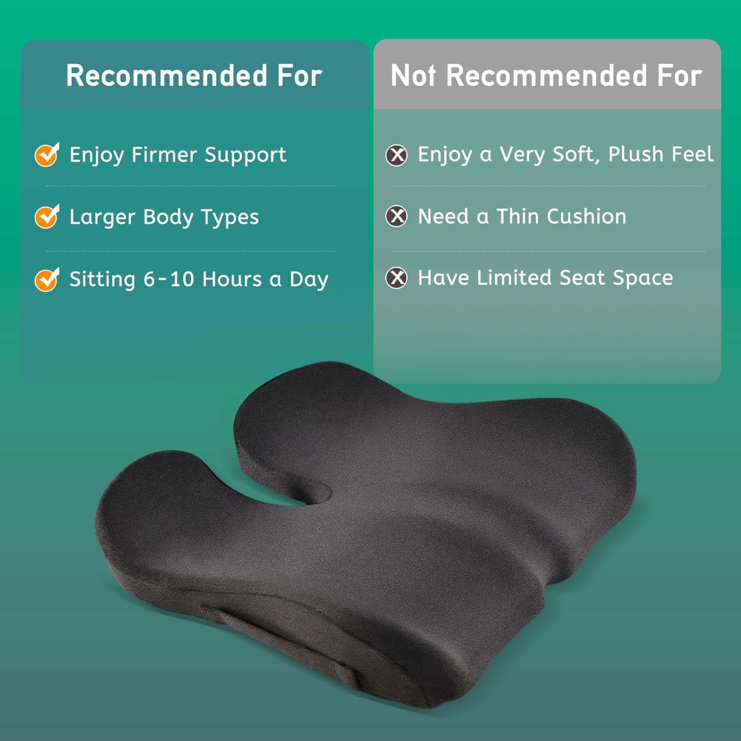 Firm Support Seat Cushion for Long Sitting, Ergonomic Memory Foam with Coccyx Cut-Out, Stable Pressure Distribution for Office Chair, Gaming & Daily Home Seating, Non-Slip Bottom, Washable Cover - Image 6