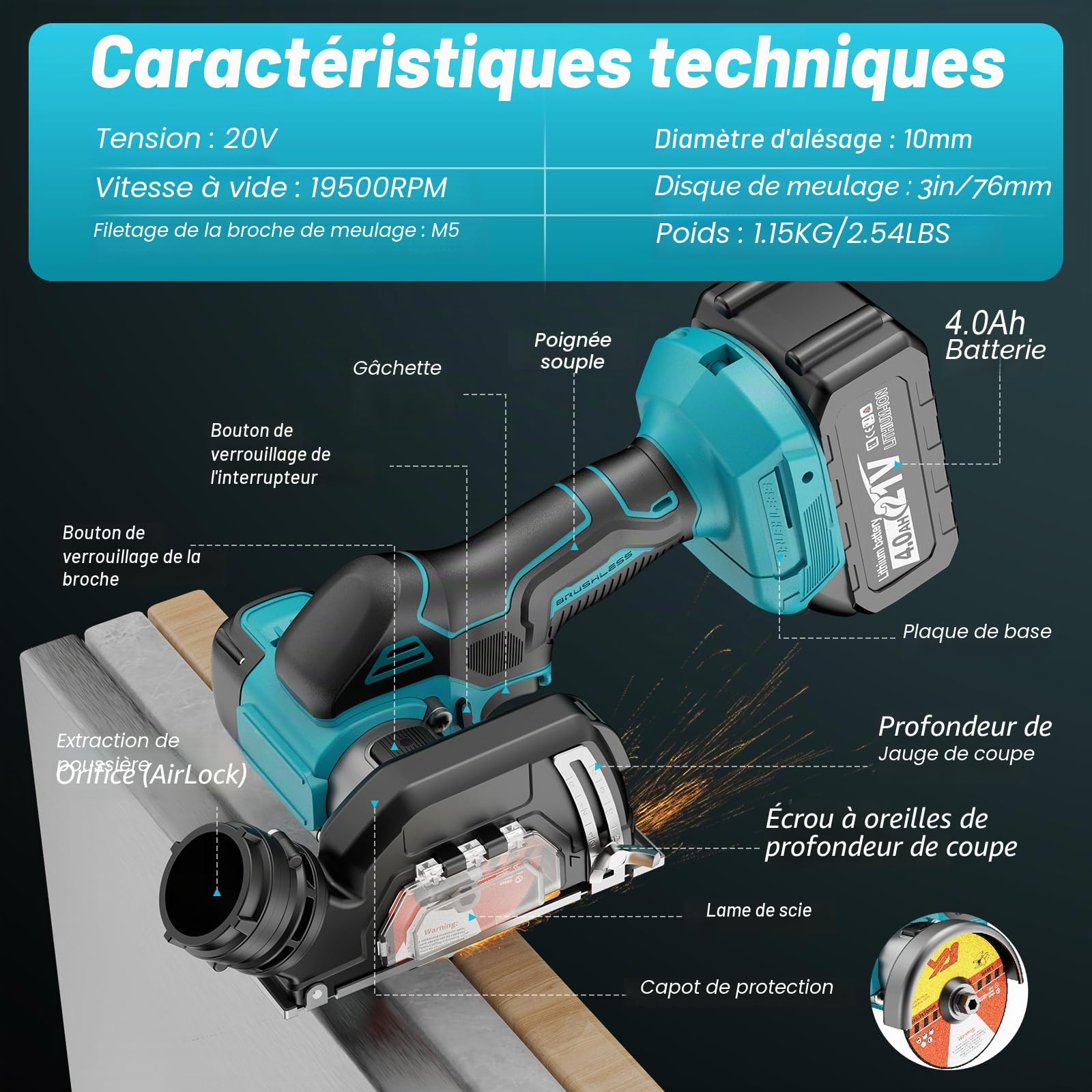 Mini Meuleuse d'angle sans fil Compatible avec Batterie Makita 18V, 76mm 19500tr/min, 2 Batteries 4,0Ah, 5 Disques