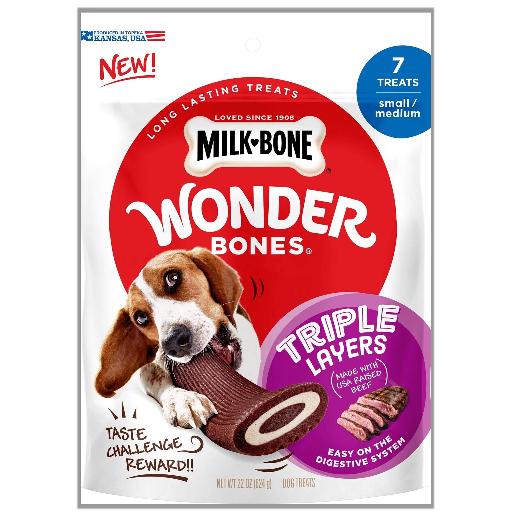 Milk-Bone Wonder Bones Long Lasting Dog Treats, Real Beef, 7 Small/Medium Triple Layers