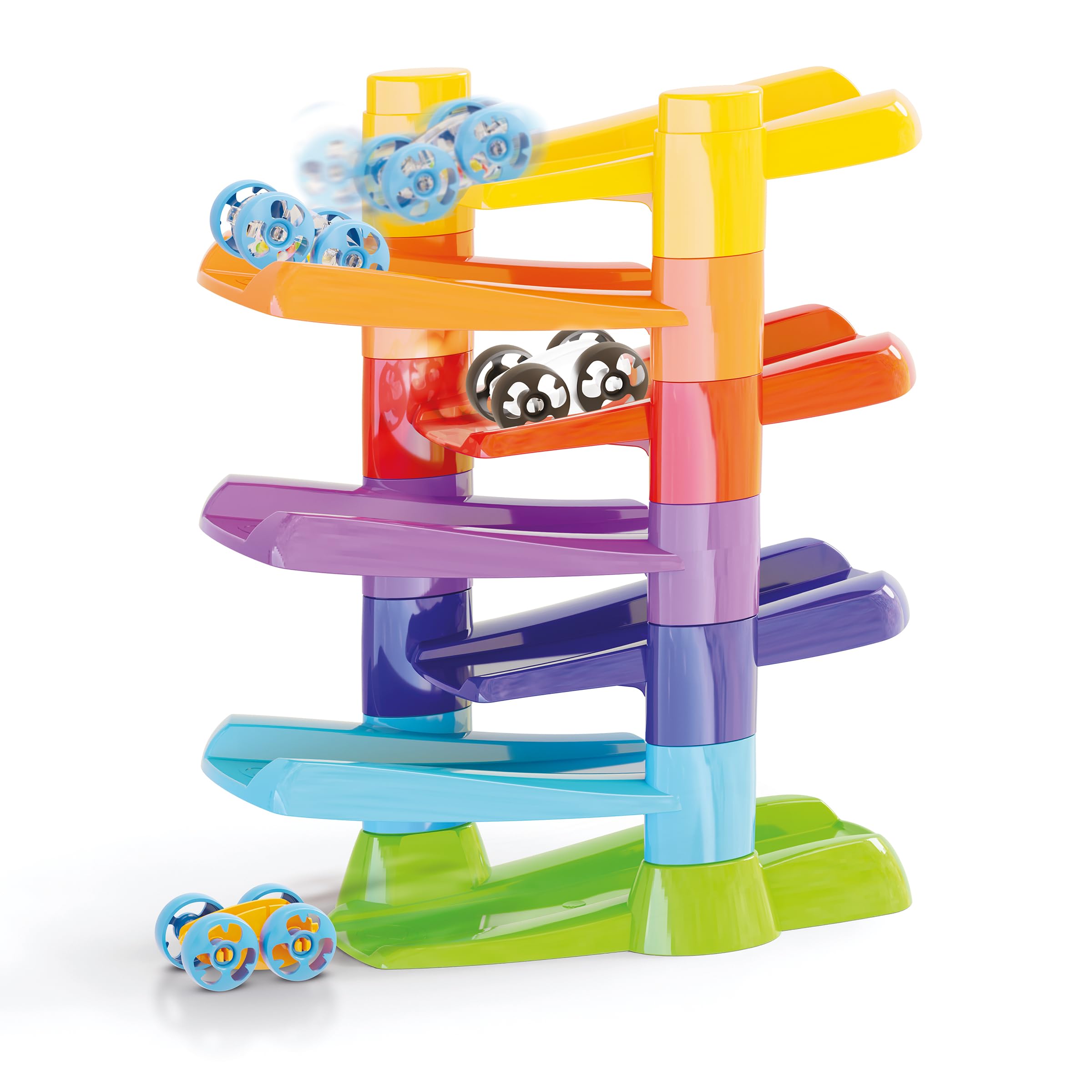 QUERCETTI 06497 Flip Car Race Track, Pista Biglie Per Bambini, Gioco Educativo e Creativo 18mesi+ con 7 Rampe e 3 Flip-Car per Sviluppare Coordinazione e Motricità Fine, Made in Italy