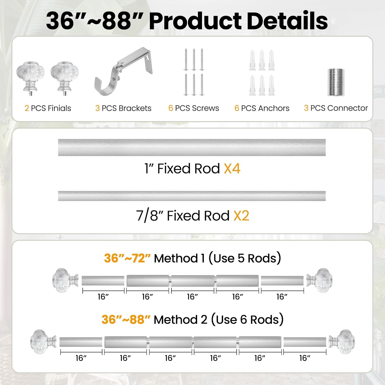 Sliver Curtain Rod for Windows 48 to 84 Inches(4-7ft): 1 inch Diameter Heavy-Duty Adjustable Curtain Rod with Marble Grain Finials For Bedroom & Livingroom
