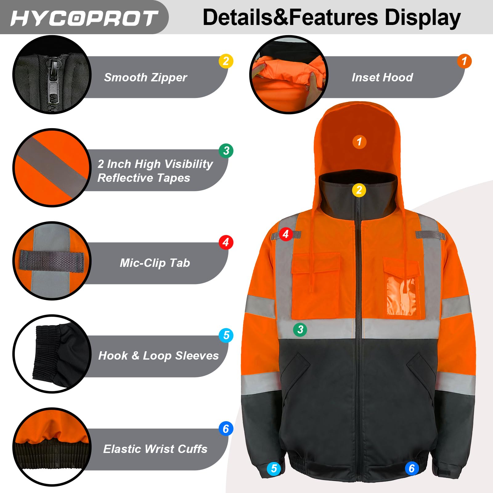 HYCOPROT Veste de Sécurité pour Hommes Veste Bomber Réfléchissante Haute Visibilité Vestes de Pluie Avec Poches de Travail Imperméables Gilets de Sécurité pour Temps Froid Normes EN ISO 20471