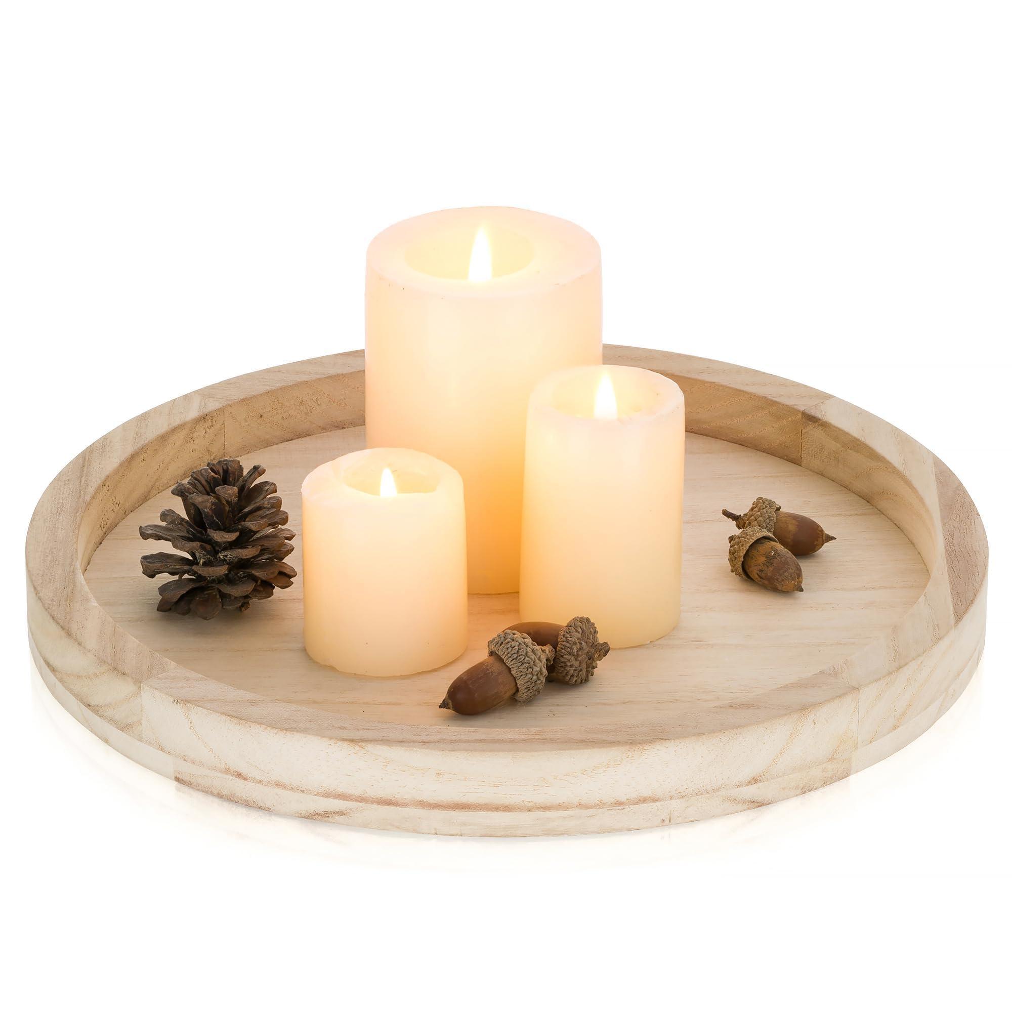 Romadedi Round Wooden Decorative Tray:Rustic Candle Tray for Pillar Candles Farmhouse Wood Serving Tray for Table Centrepiece Kitchen Countertop Home Decor,28.5cm - Image 2