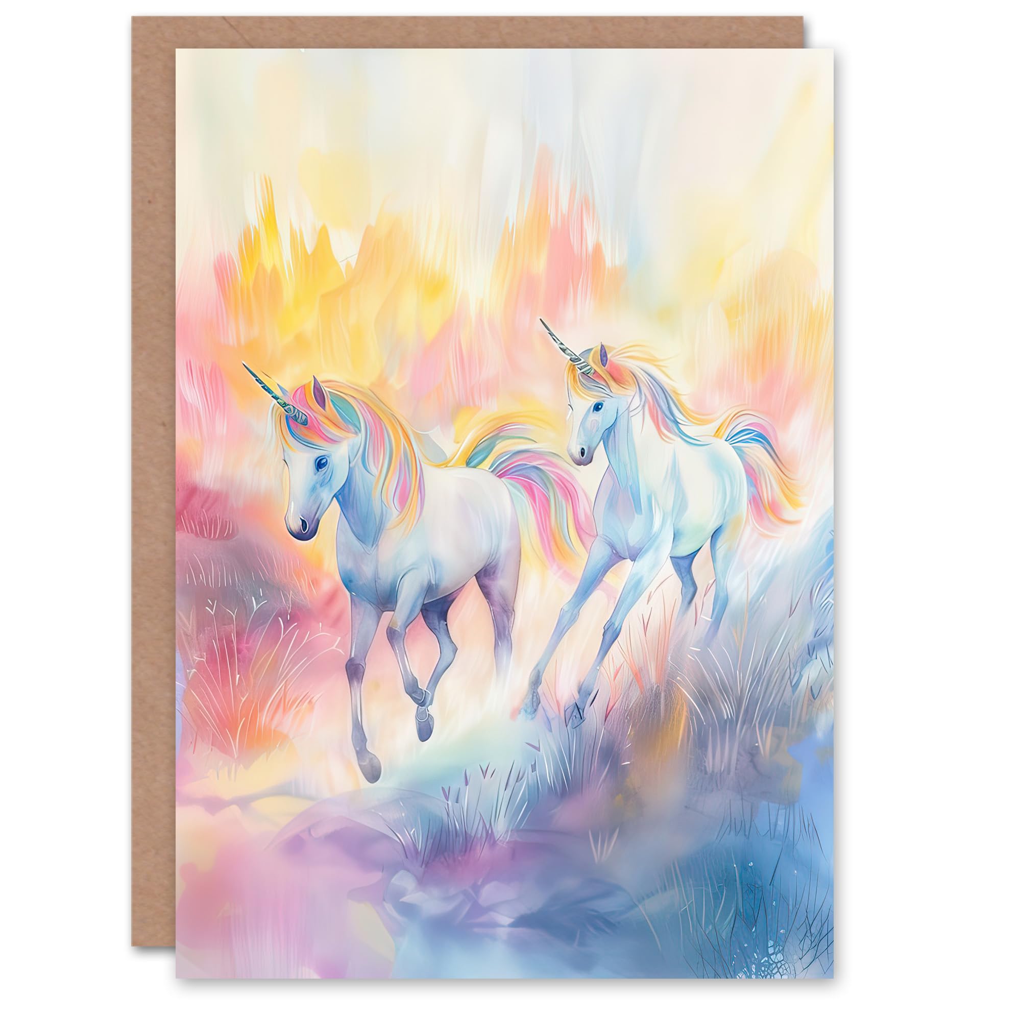 Artery8 Greeting Card Dreamy Rainbow Unicorns in Pastel Colour Forest For Child Kids Birthday Card