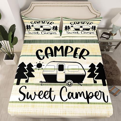 Miniatura 4 de Feelyou Juego de sábanas para cámper para niños y niñas, con sábana bajera ajustable de bolsillo profundo, juego de sábanas de camping feliz,