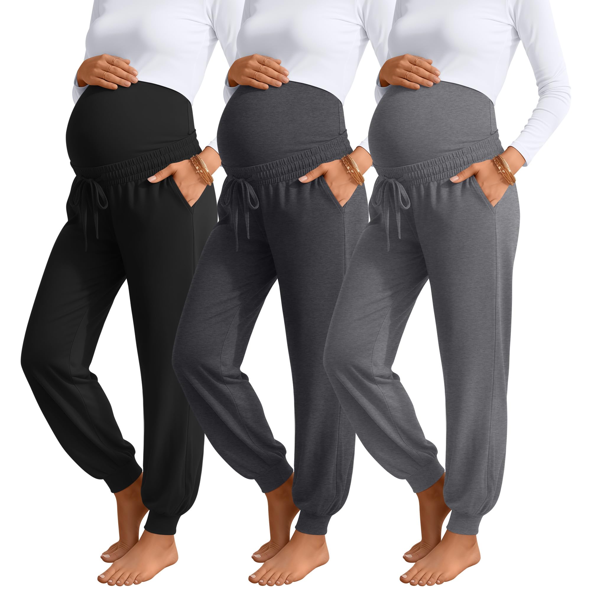 3 Pack Womens Maternity Pants Over Belly Maternity Casual Pants Loose Drawstring Pregnancy Joggers with Pockets