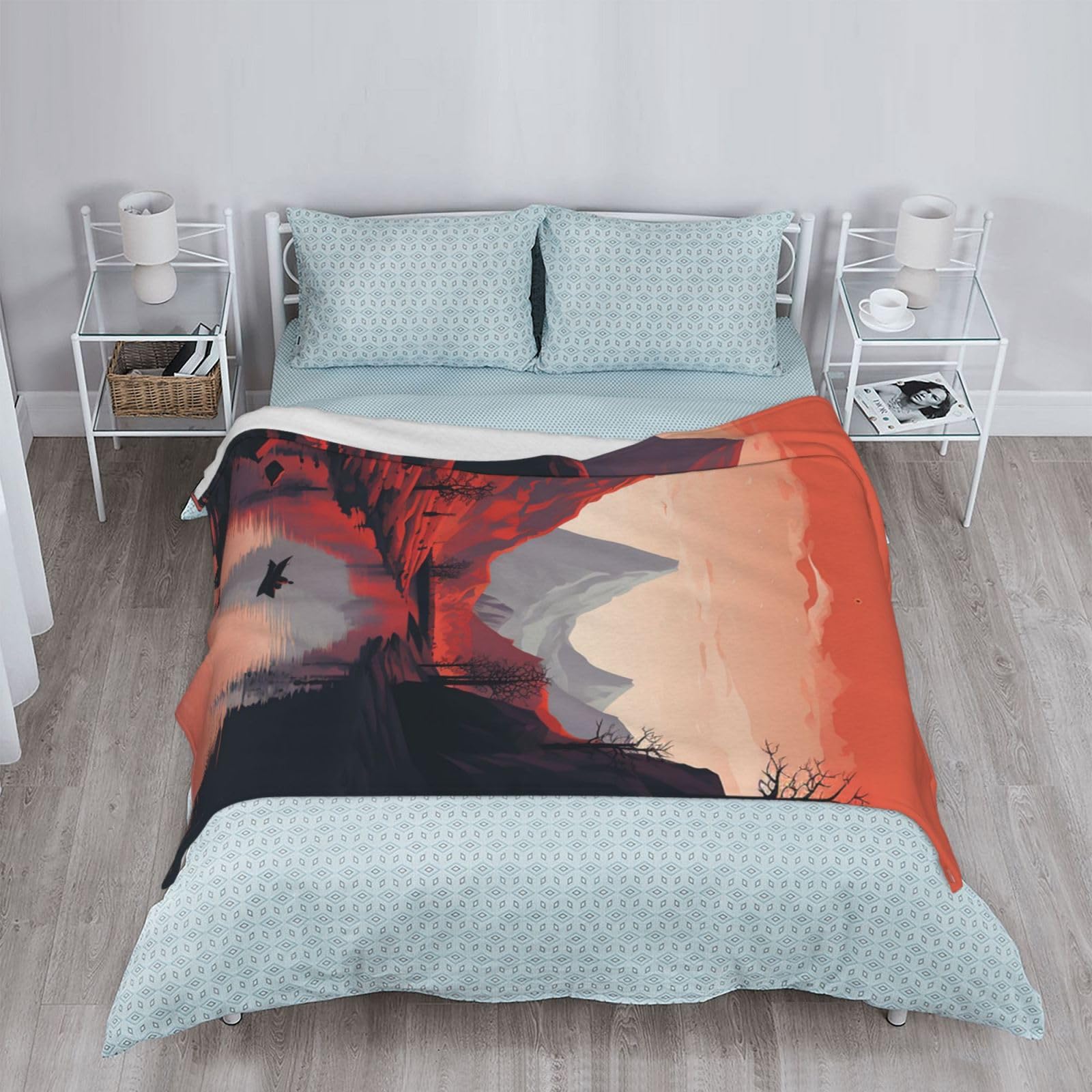 Couverture en flanelle imprimée pour canapé – Couverture en flanelle douce, confortable et légère en microfibre pour toutes les saisons – Rouge montagne et bateau