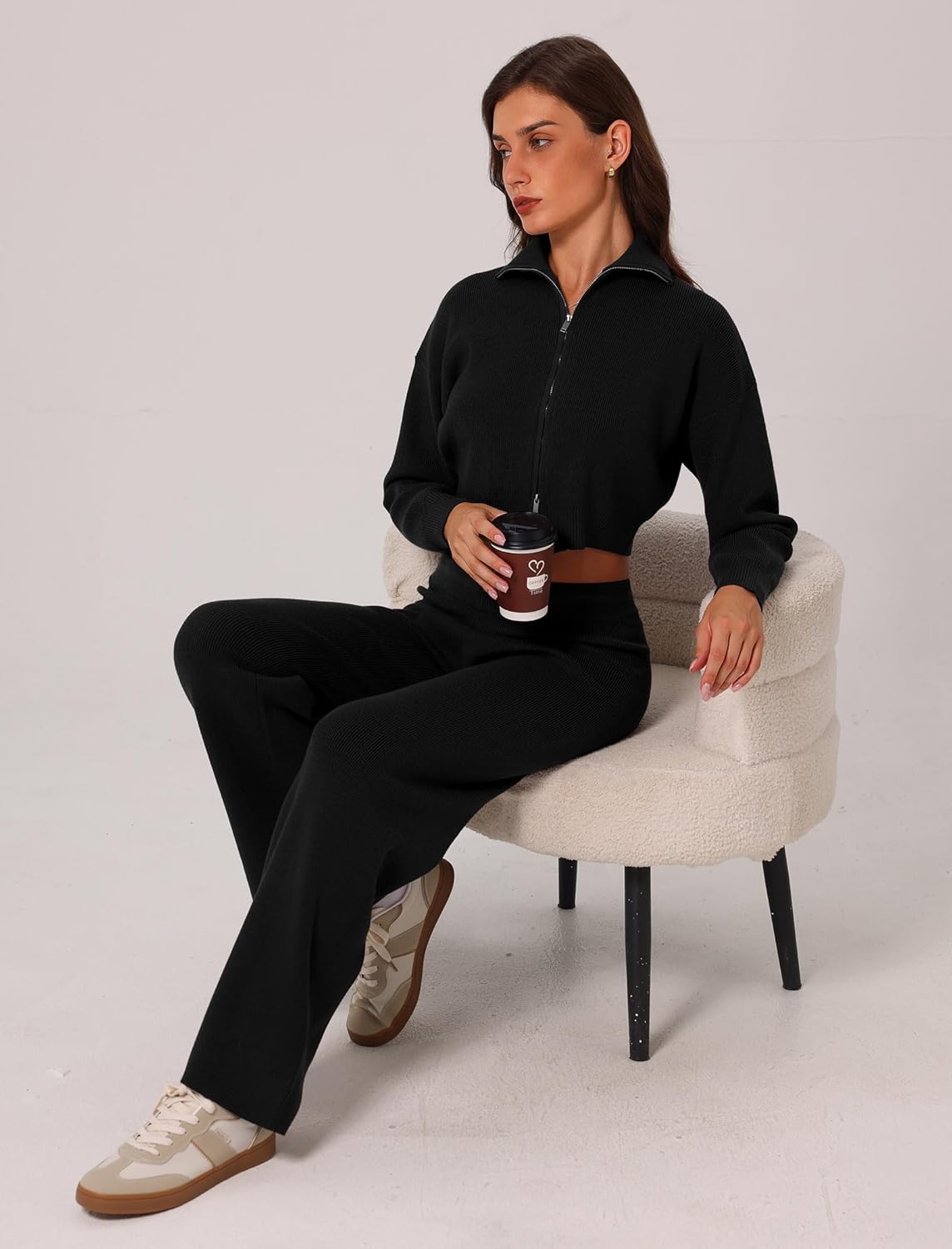 ABOCIW Women's 2 Piece Outfits Ribbed Knit Zip Up Cropped Sweatshirt Wide Leg Pants Sweater Set Sweatsuit - Image 6