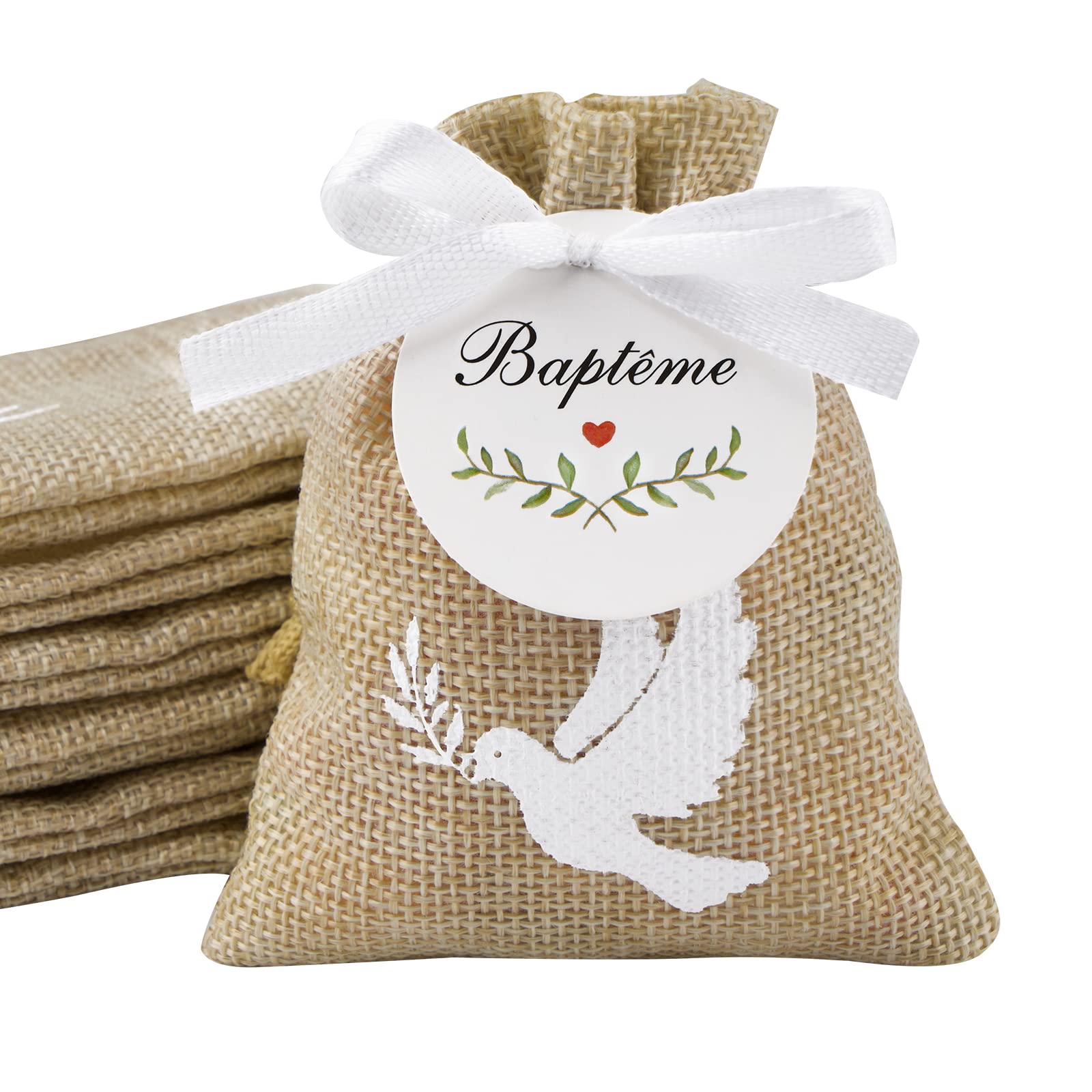 10Pcs Sachet Jute 10Pcs Etiquette Baptême Pochette Dragée Motif Colombe 10 * 8cm Cadeau Invité Décoration pour Baptême avec Ruban