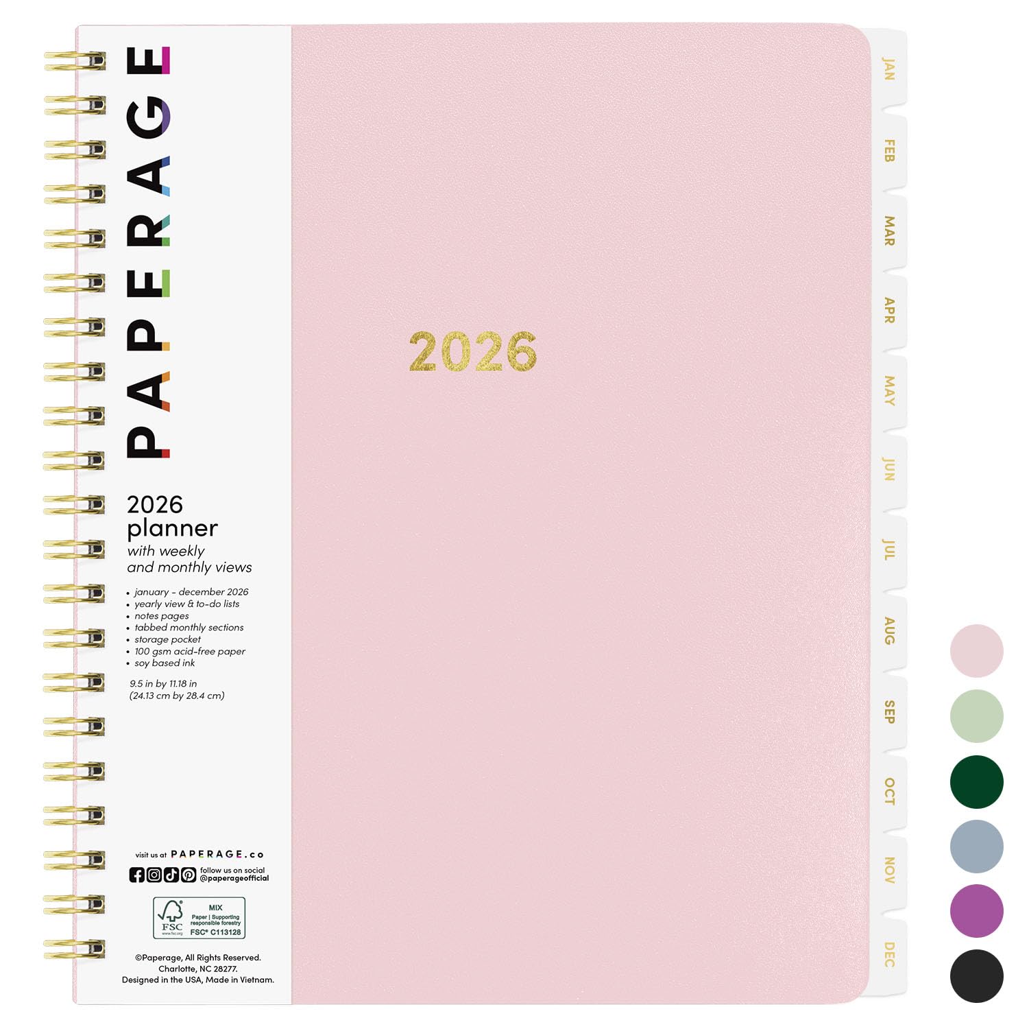 PAPERAGE 2026 Weekly & Monthly Planner, 12 Months (January 2026 - December 2026), 9.2 in x 11.2 in, Spiral Bound 2026 Planner with Weekly, Monthly &