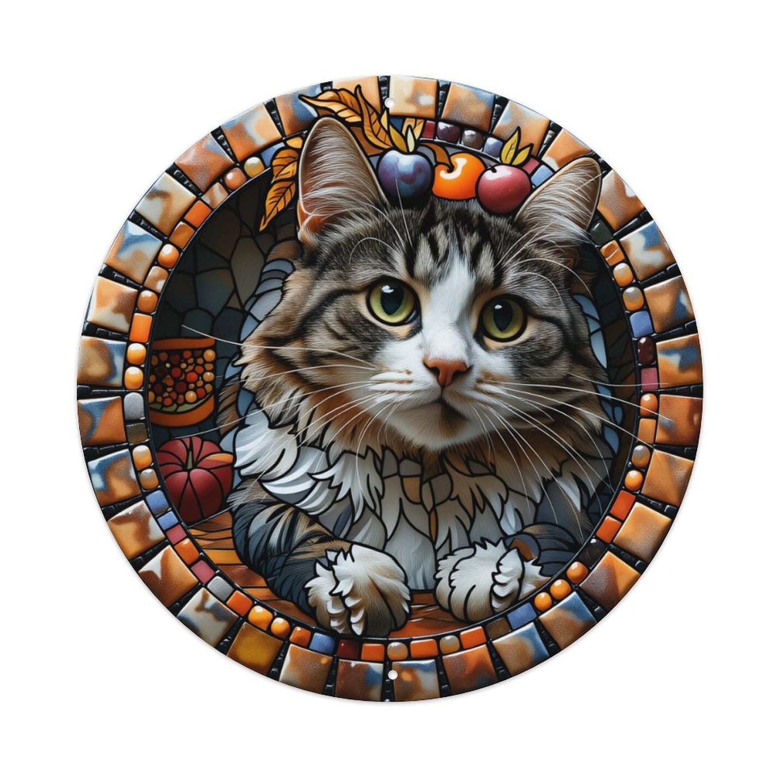 Stained Glass Cat Autumn Harvest Round Tin Sign Vintage Metal Sign Home Bar Garden Indoor & Outdoor Wall Decor Retro Metal Poster 8x8 Inch
