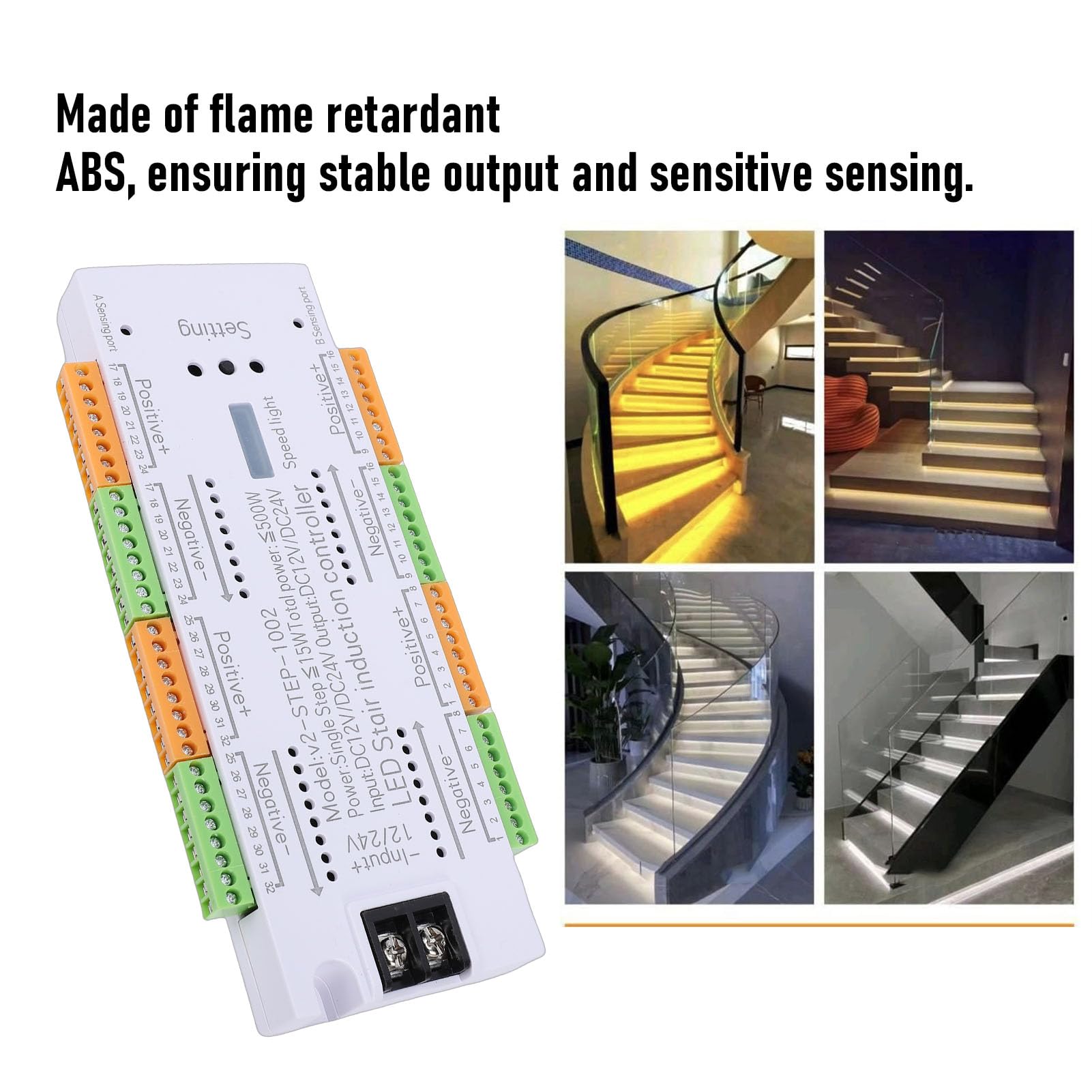 Fafeicy Controlador de Luz de Escalera LED con Sensor de Movimiento Iluminación de Paso Secuencial de 32 Canales con Velocidad Ajustable Encendido Automático y Apagado para Escalera