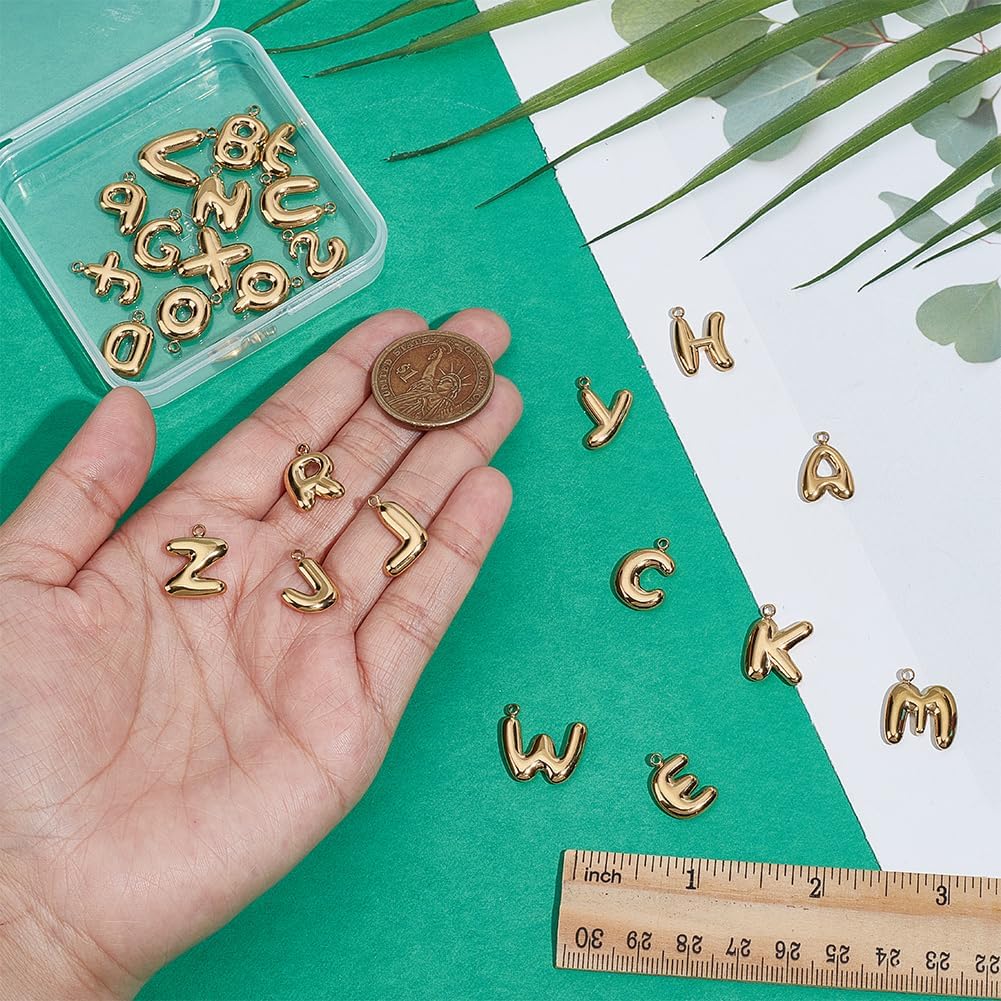 UNICRAFTALE 26pcs 18K Gold Plated A-Z Bubble Letters Charms Cute Stainless Steel Word Pendants Initial Letter Charms for Jewelry Making Women Bracelet Necklace Choker DIY Hole 1.8mm