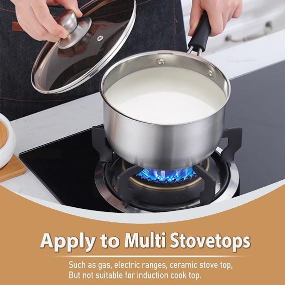 P&P CHEF 1+2 QT Sauce Pan With Lid, Small Pot Saucepan for Milk, 3 Pcs | Stainless Steel Saucepan, Small Sauce Pot for Cooking, Visible Glass Lid & Bakelite Heat-Proof Handles,Dishwasher Safe