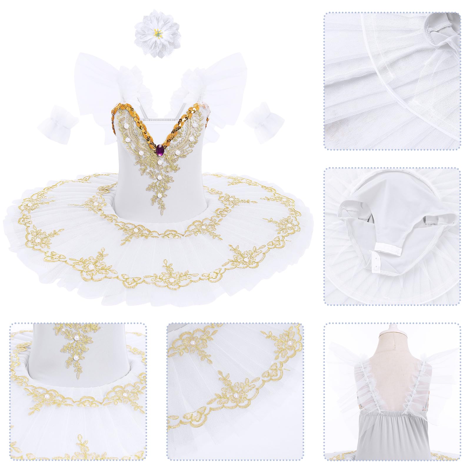 IDOPIP Robe de ballet pour fille - Tutu de danse - Motif cygne - Manches volantées - Paillettes brodées - Avec pince à cheveux
