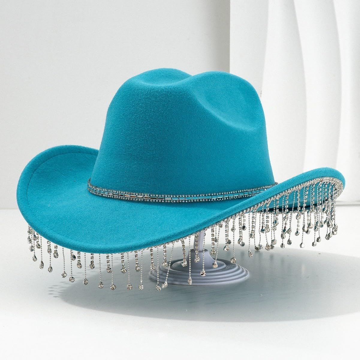 Women Men Cowboy Hat with Dangling Chain Diamante Stones Sparkle Cowboy Hat for Novelty Fancy Dress Party Cowgirl Halloween (Lake Blue)