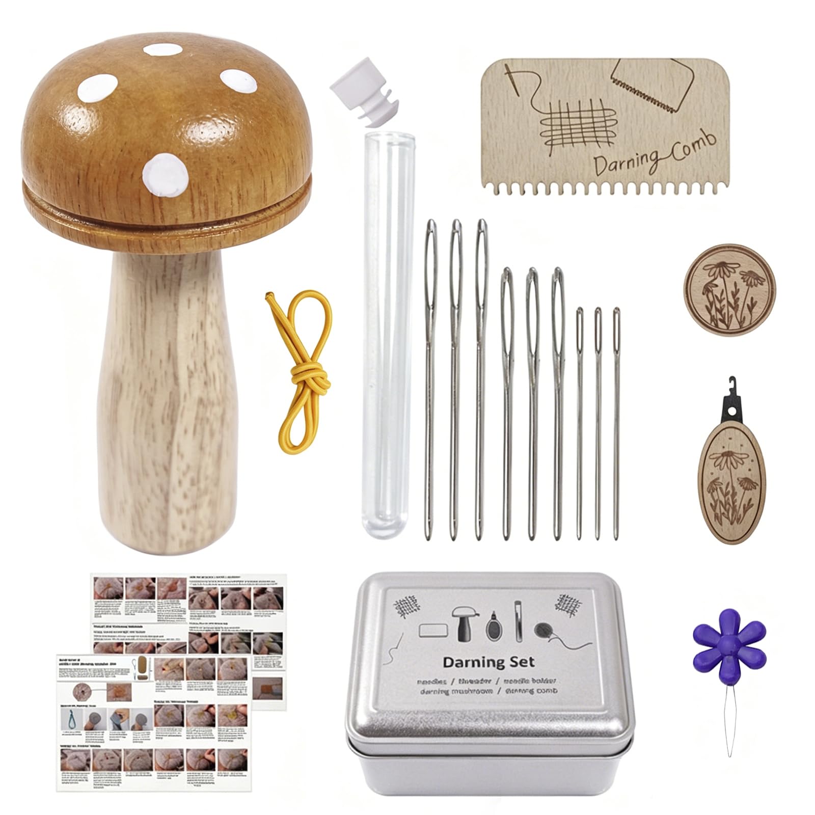 Champignon à repriser en bois avec 9 aiguilles pour couture de chaussettes