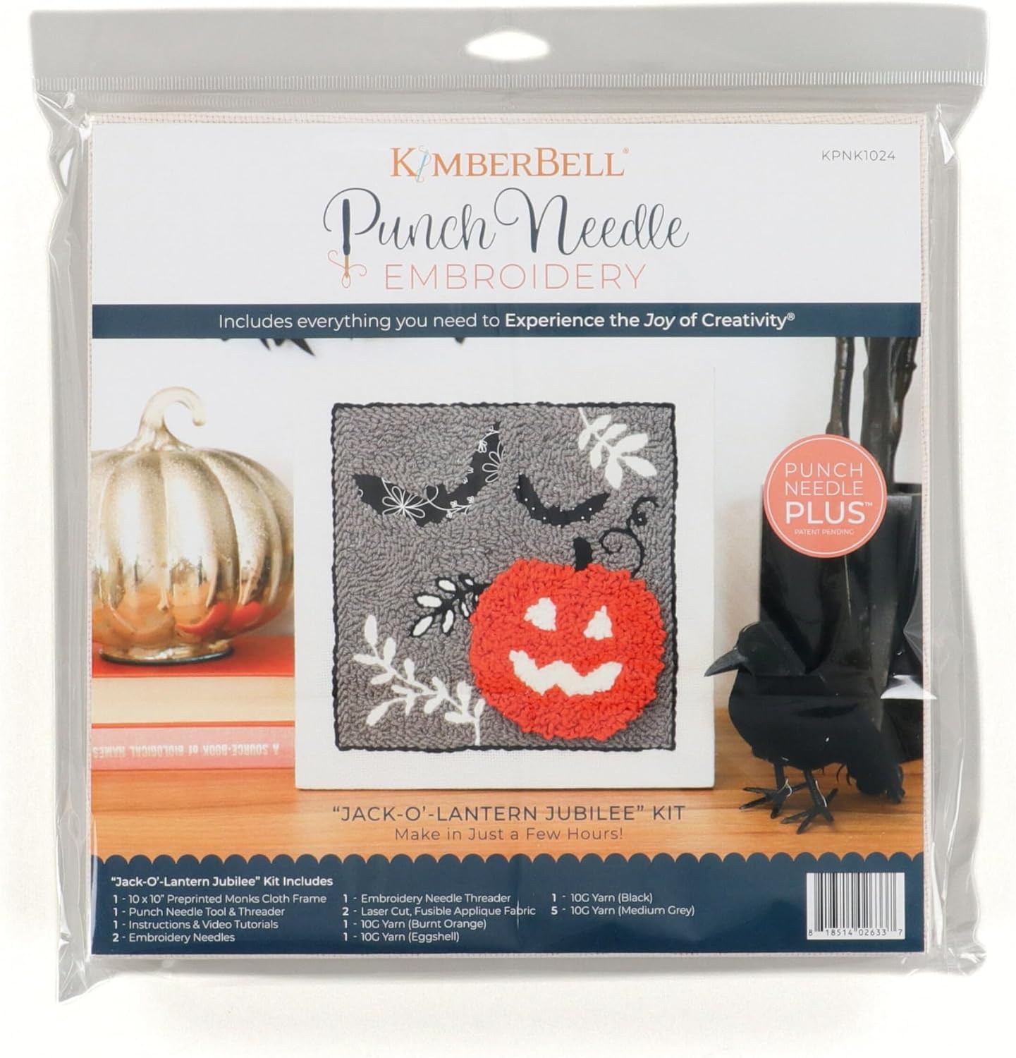 Kimberbell Jack-O’-Lantern Jubilee Punch Needle Plus Kit – Complete DIY Halloween Craft Kit with Tool, Preprinted Monks Cloth, Yarn, Applique Fabric, Frame & Video Tutorials