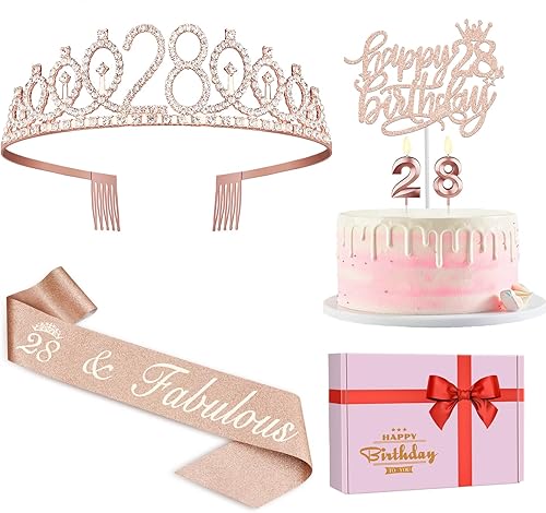 Miniatura 32 de Decoraciones de cumpleaños de 33 años para mujeres, incluyendo banda de cumpleaños, tiara/corona, velas numéricas y decoración de pastel, regalos